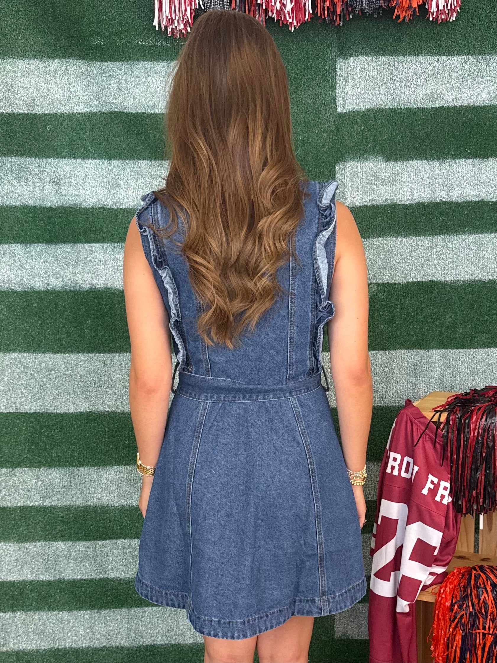 Go Get 'Em Medium Wash Denim Sleeveless Ruffle Dress-Shop-Womens-Boutique-Clothing