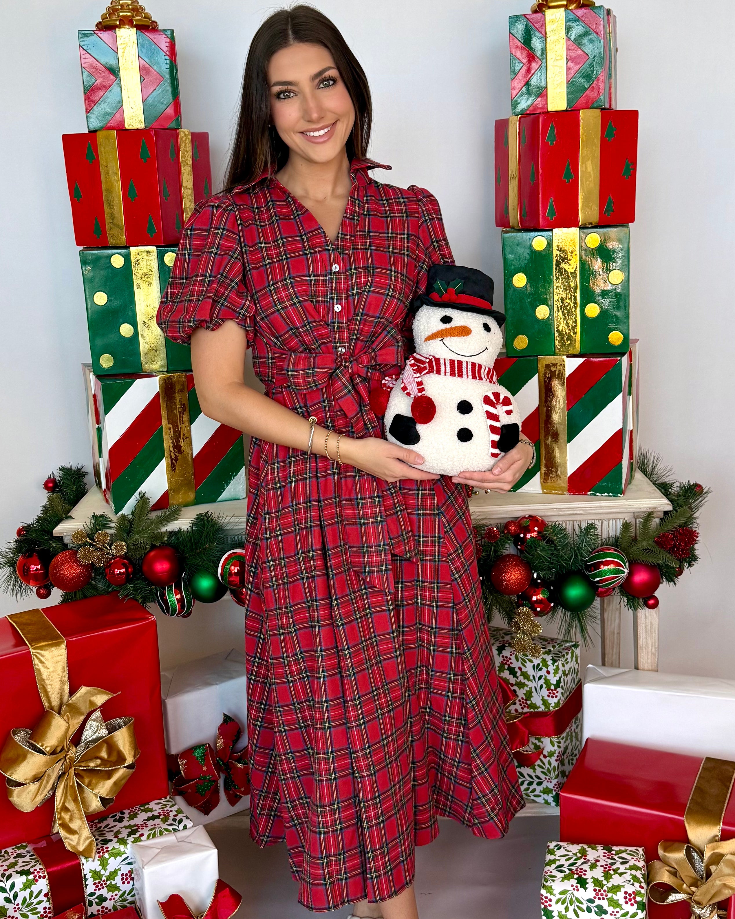 Little Bit More Red Plaid Waist Tie Dress-Shop-Womens-Boutique-Clothing