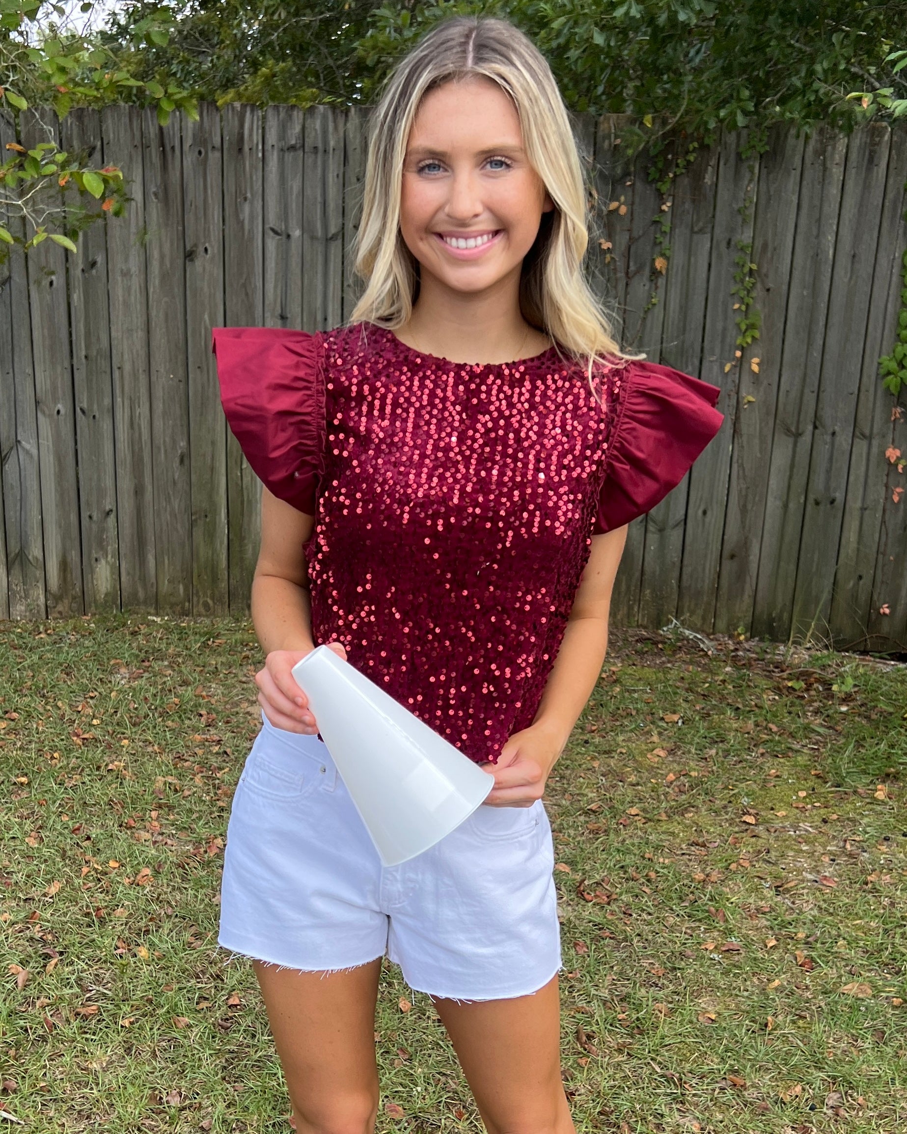 My Time To Shine Crimson Sequin Ruffle Sleeve Top-Shop-Womens-Boutique-Clothing
