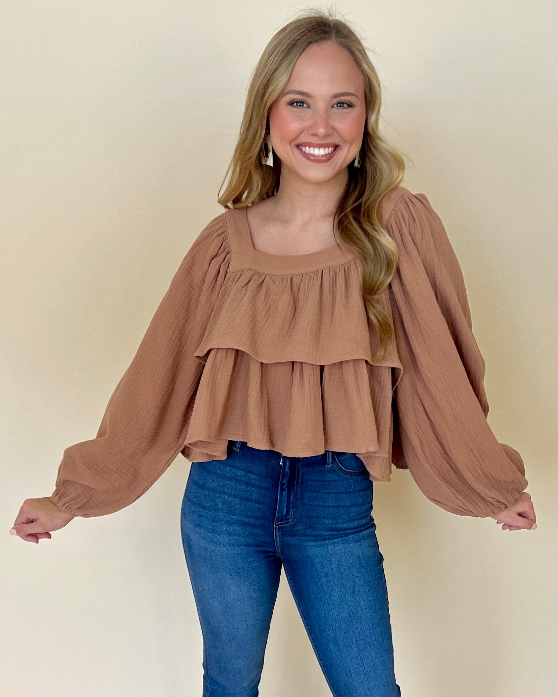 Spin Me Around Camel Square Neck Top-Shop-Womens-Boutique-Clothing