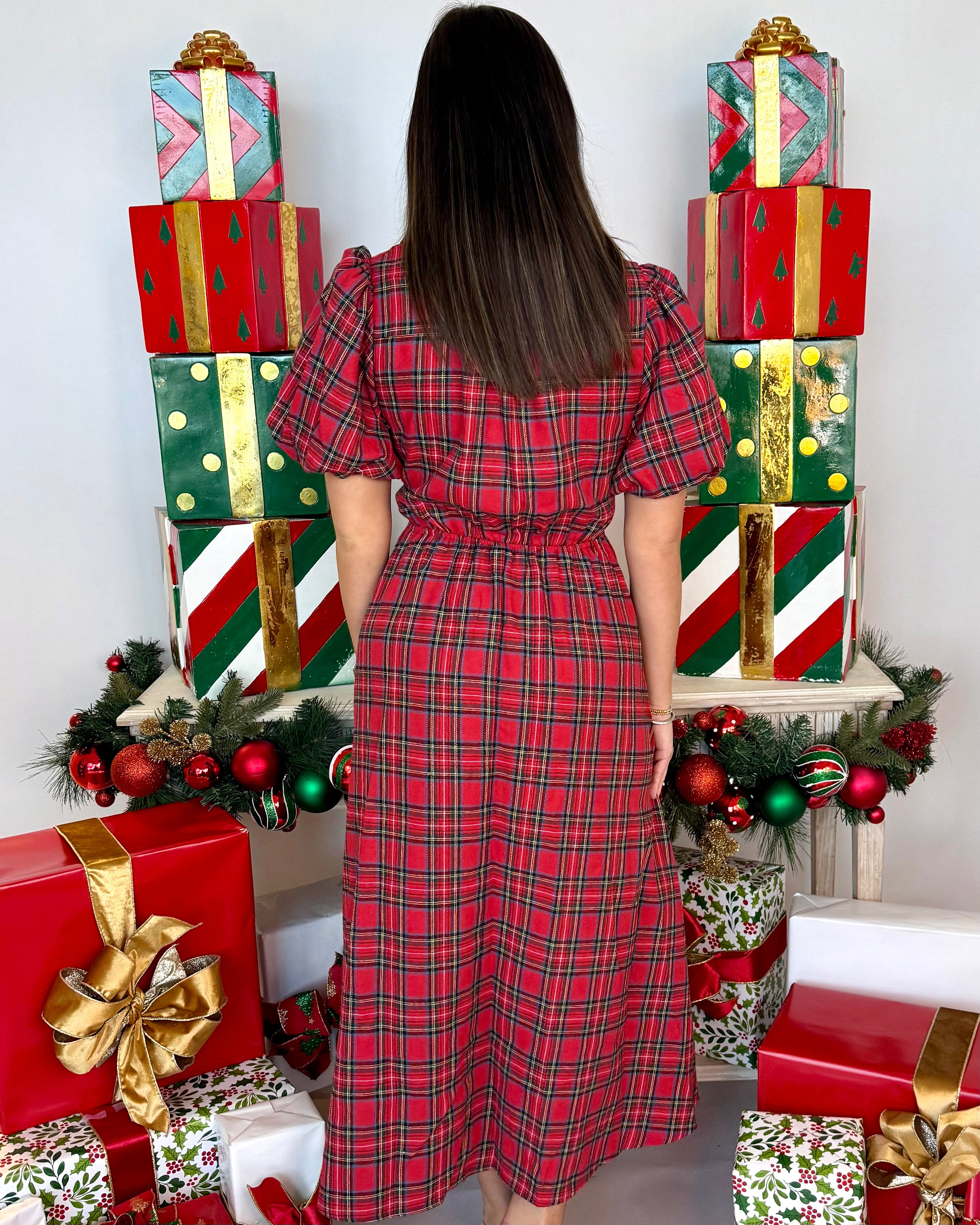 Little Bit More Red Plaid Waist Tie Dress-Shop-Womens-Boutique-Clothing