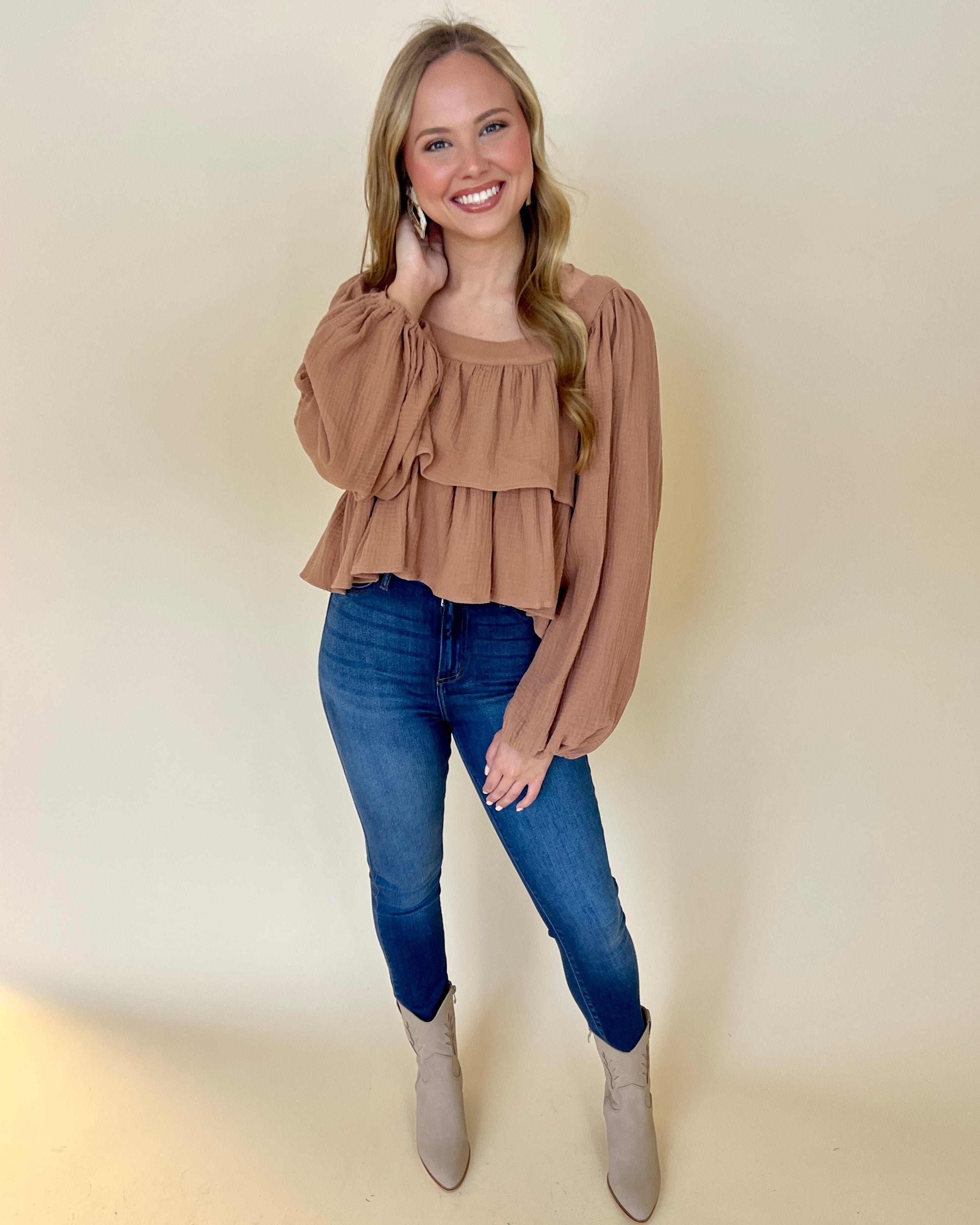 Spin Me Around Camel Square Neck Top-Shop-Womens-Boutique-Clothing