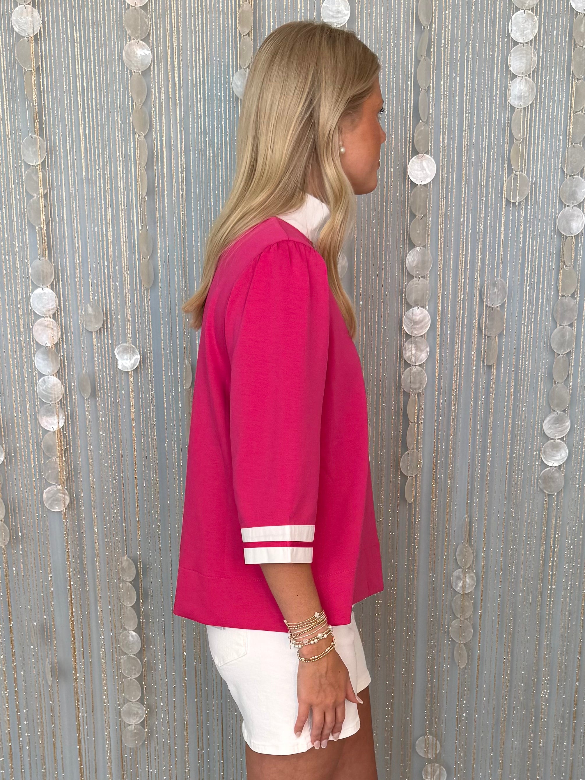 Classic Choice Fuchsia 3/4 Sleeve Contrast Trim Top-Shop-Womens-Boutique-Clothing