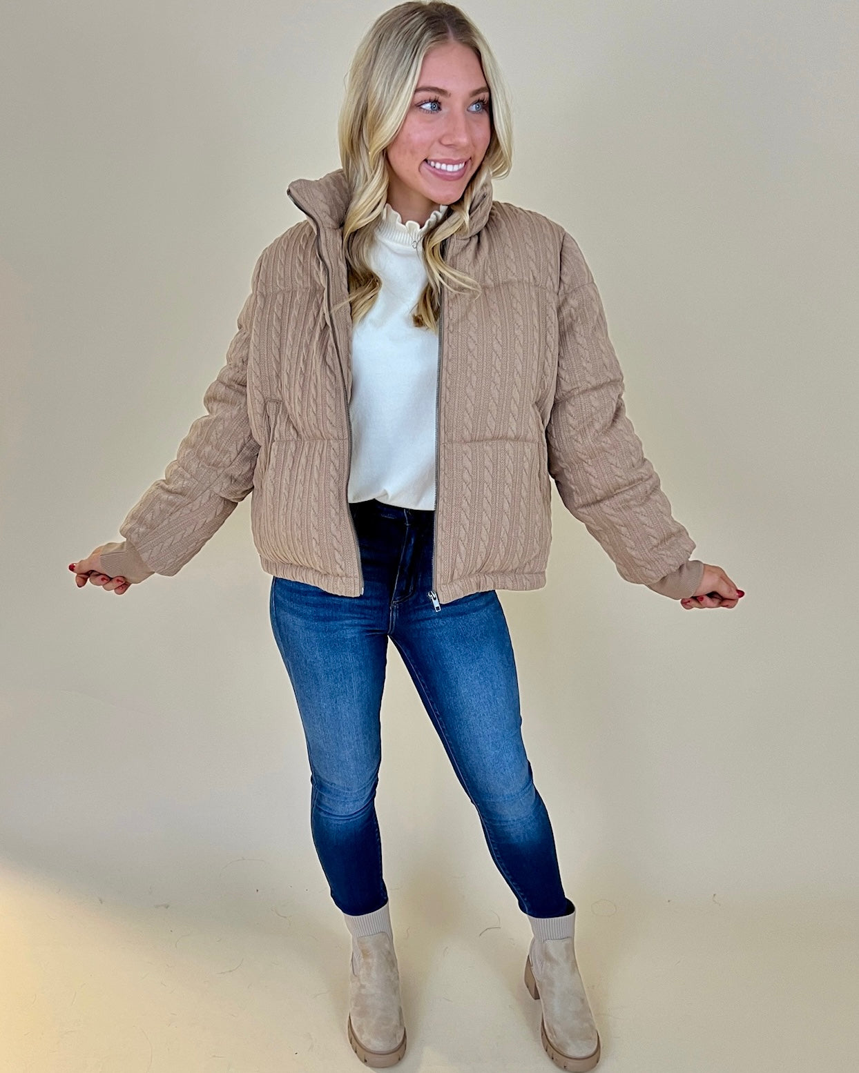 Winter Ridge Taupe Cable Knit Puffer-Shop-Womens-Boutique-Clothing