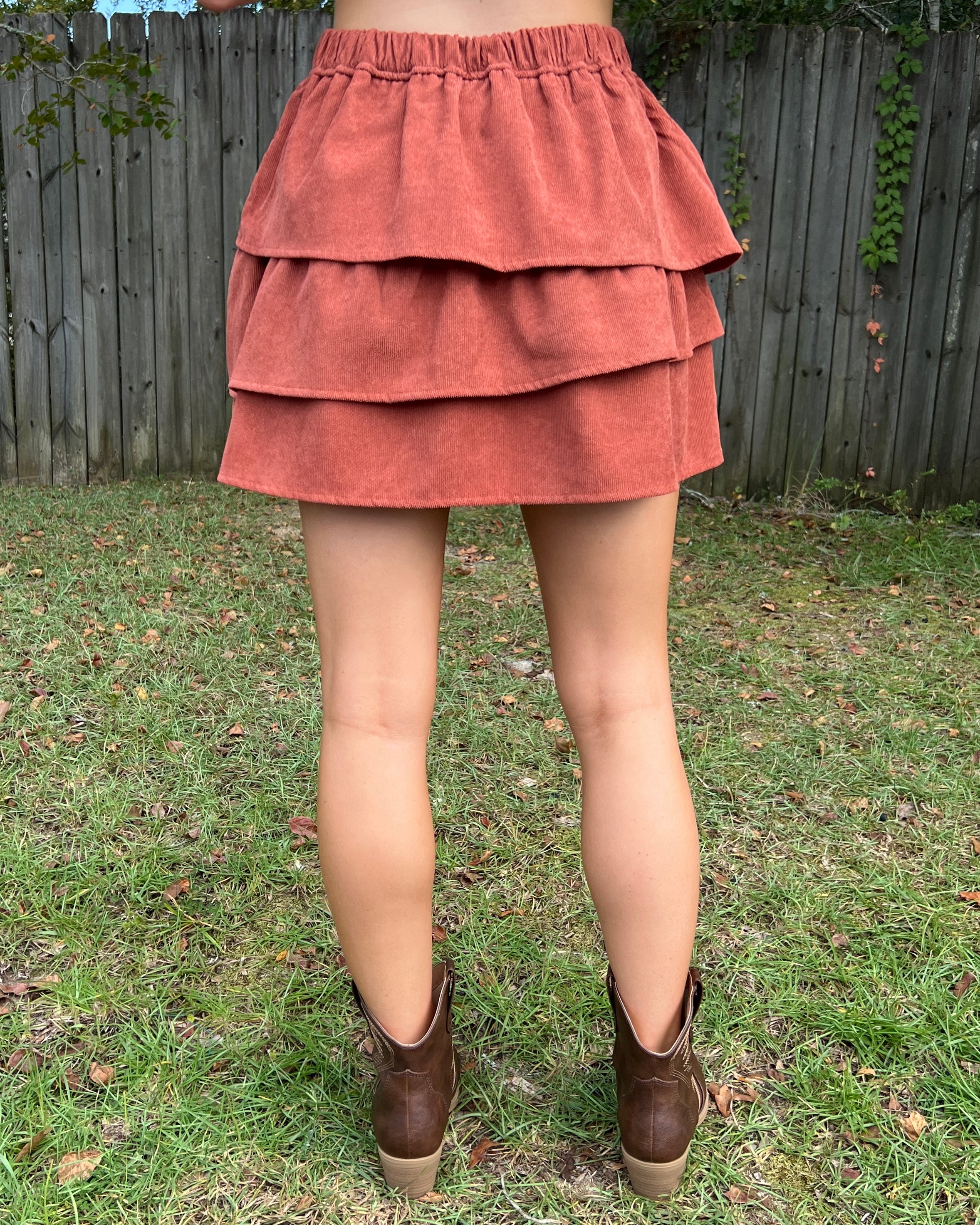 Like a Sunset Rust Corduroy Tier Skirt-Shop-Womens-Boutique-Clothing