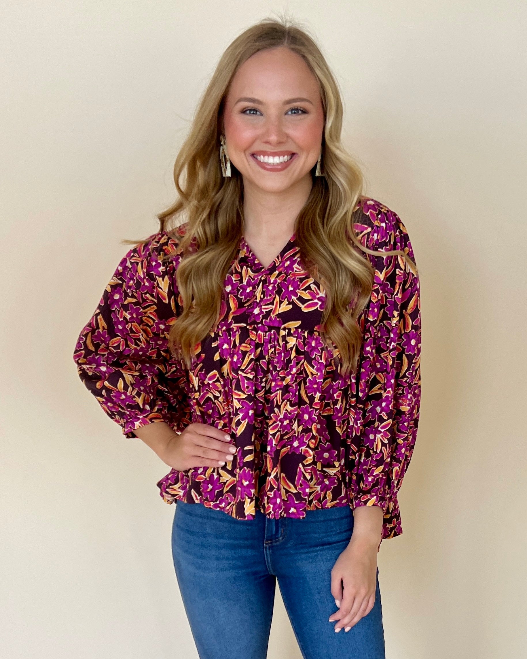 Charming Intuition Plum Floral Split Neck Top-Shop-Womens-Boutique-Clothing