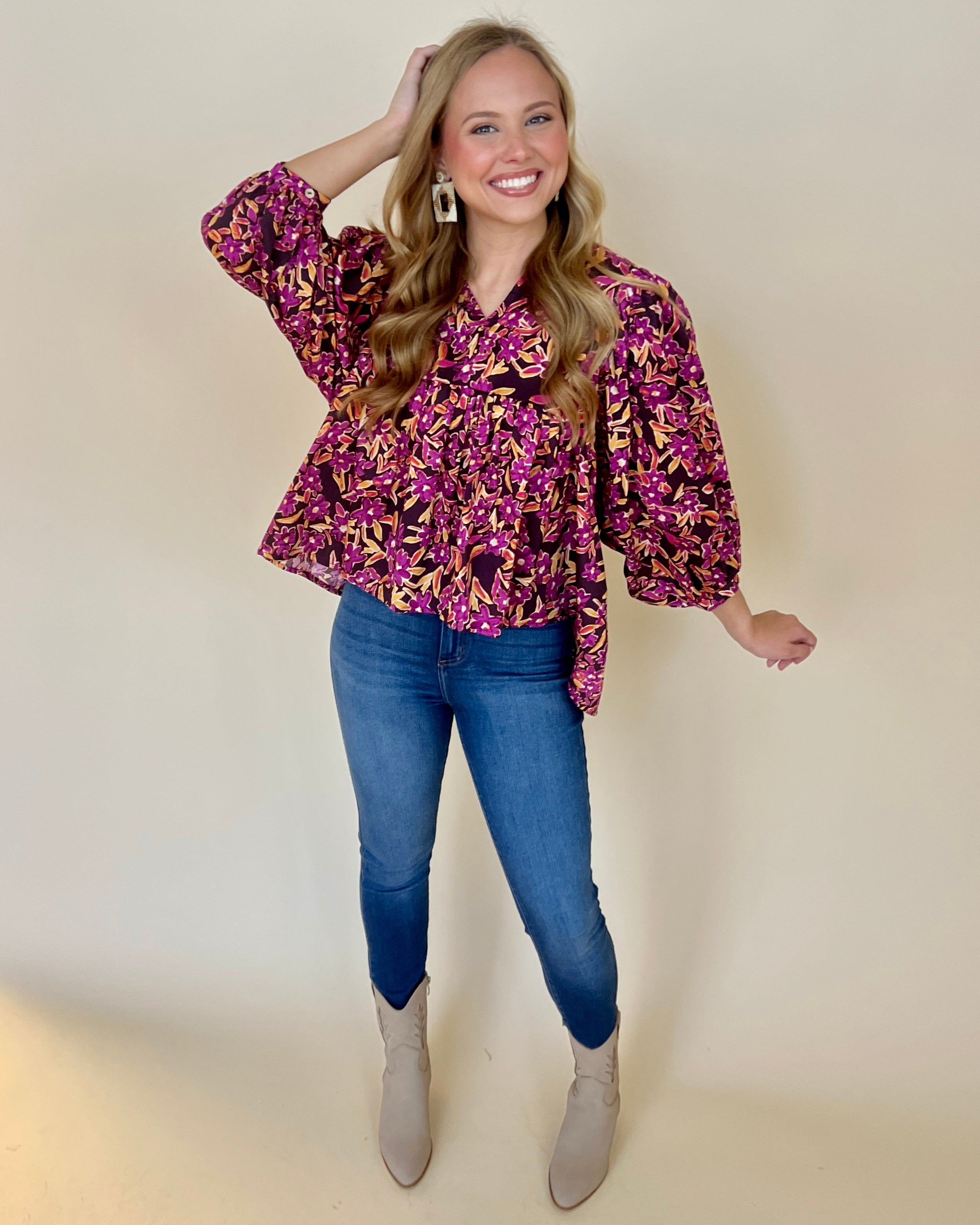 Charming Intuition Plum Floral Split Neck Top-Shop-Womens-Boutique-Clothing