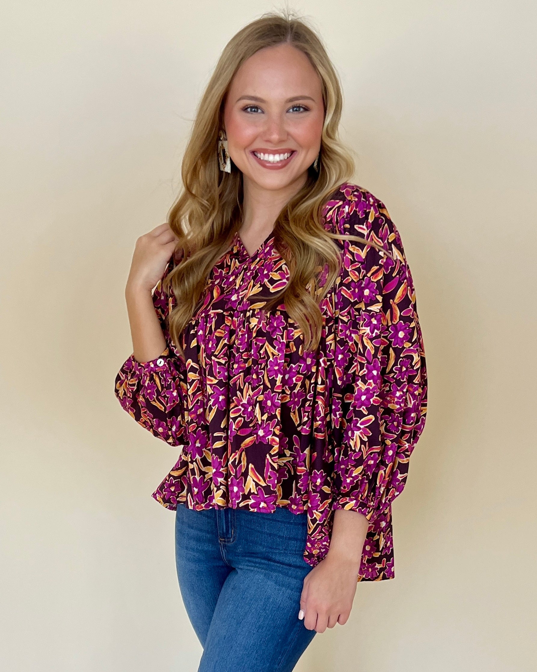 Charming Intuition Plum Floral Split Neck Top-Shop-Womens-Boutique-Clothing