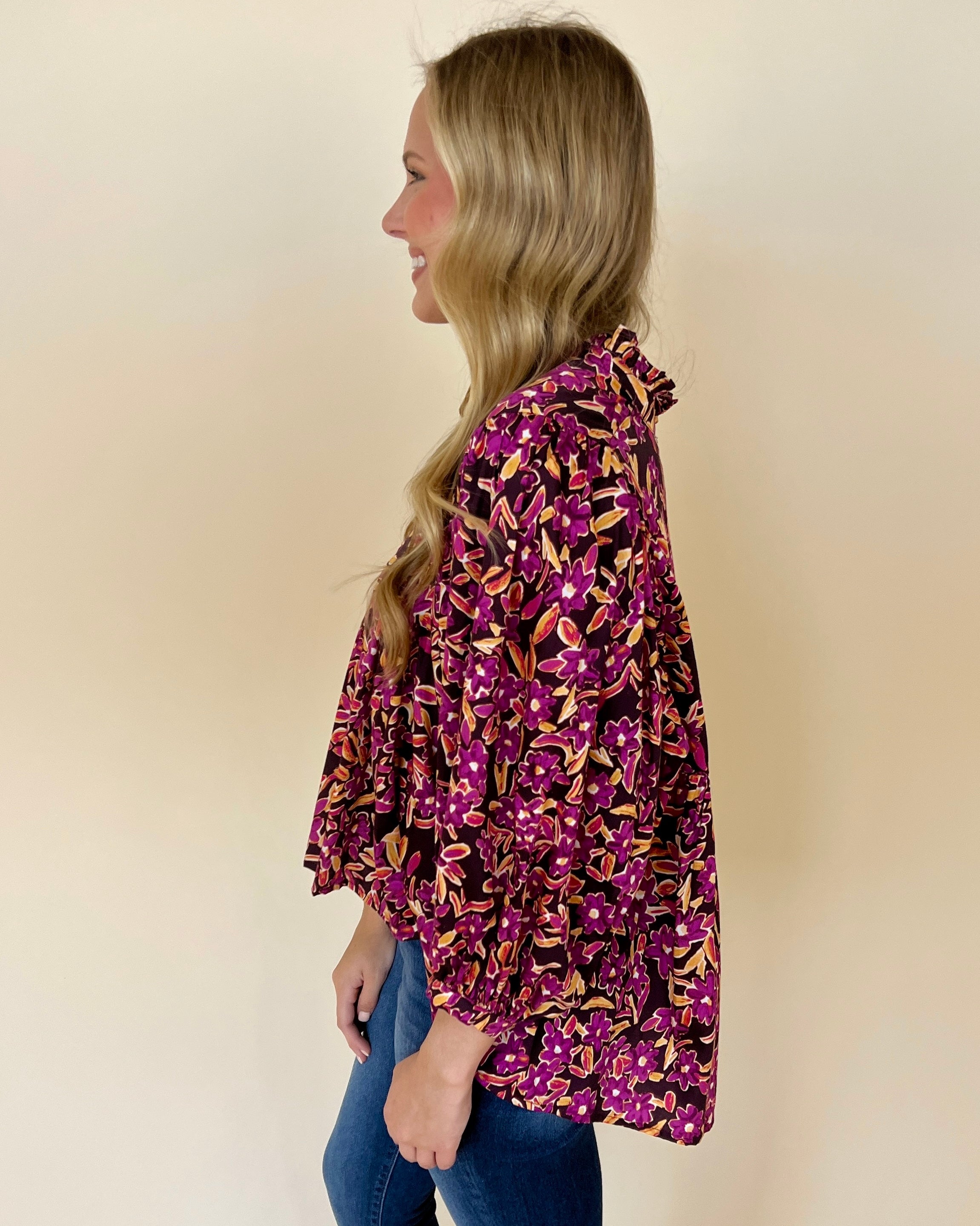 Charming Intuition Plum Floral Split Neck Top-Shop-Womens-Boutique-Clothing