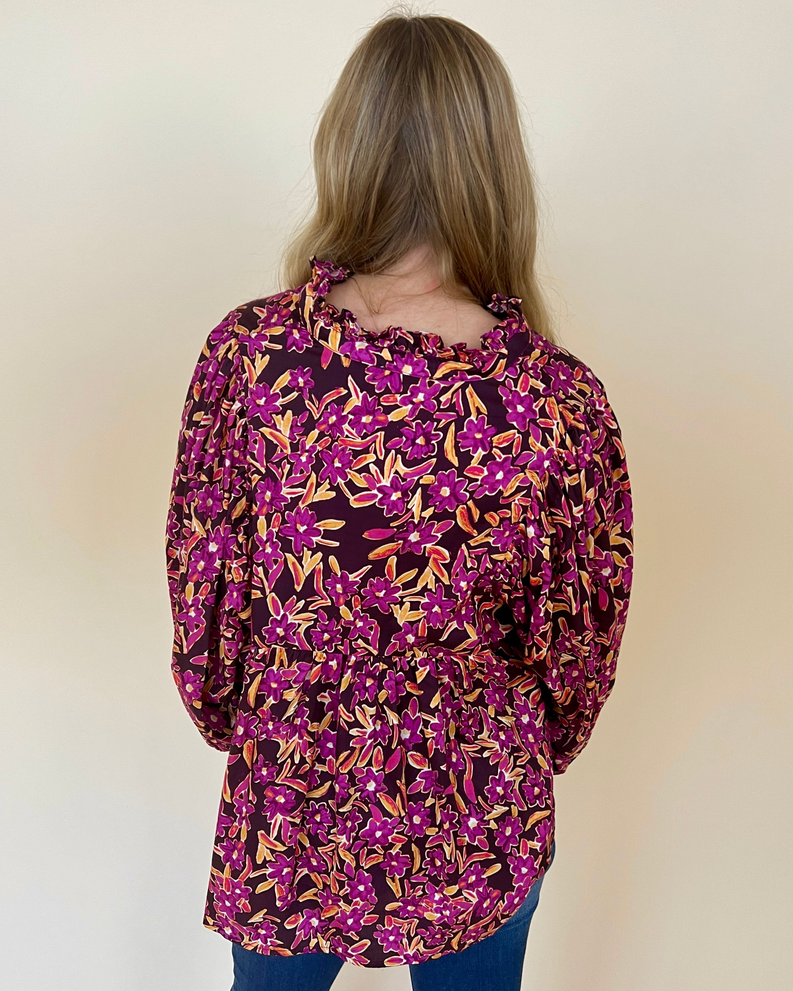 Charming Intuition Plum Floral Split Neck Top-Shop-Womens-Boutique-Clothing