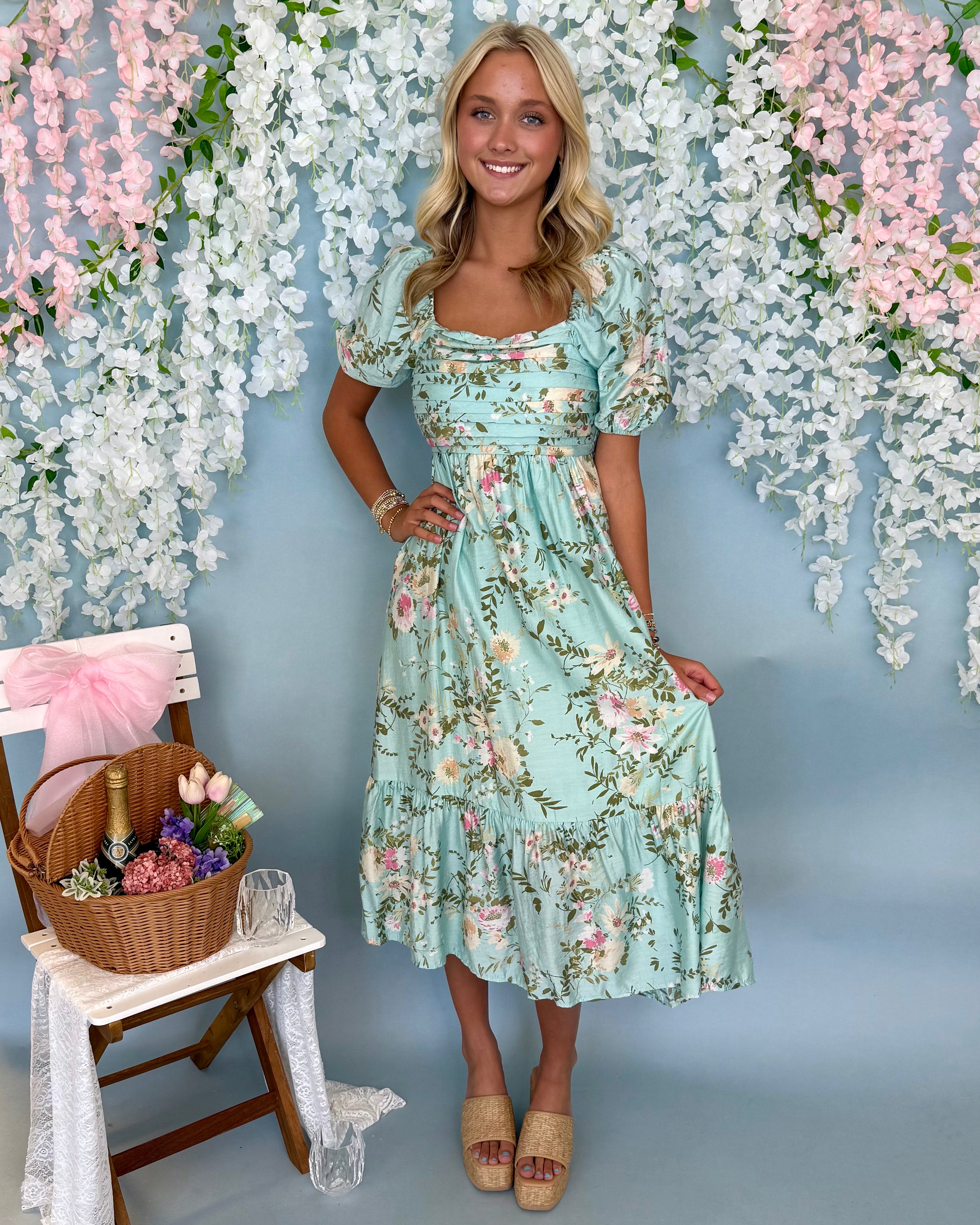Summer Feel Mint Floral Pleated Midi Dress-Shop-Womens-Boutique-Clothing
