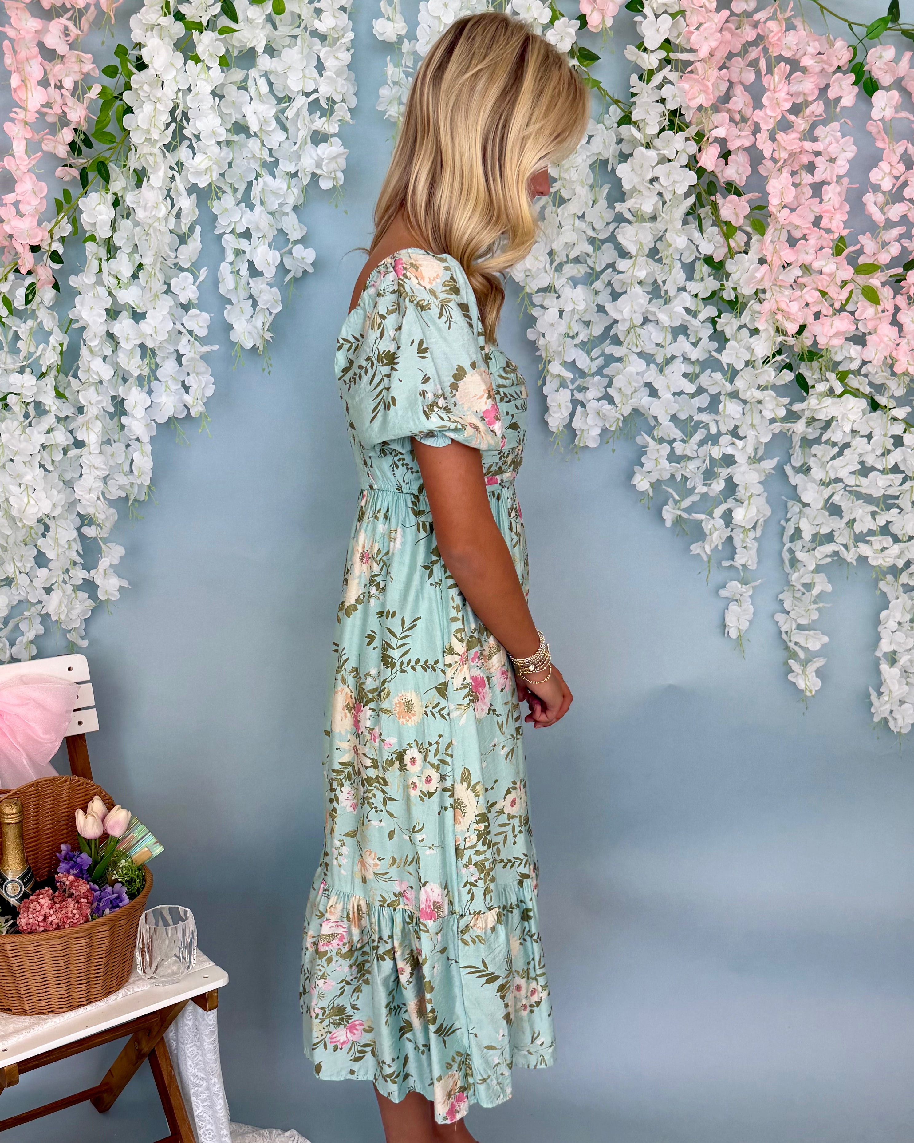 Summer Feel Mint Floral Pleated Midi Dress-Shop-Womens-Boutique-Clothing