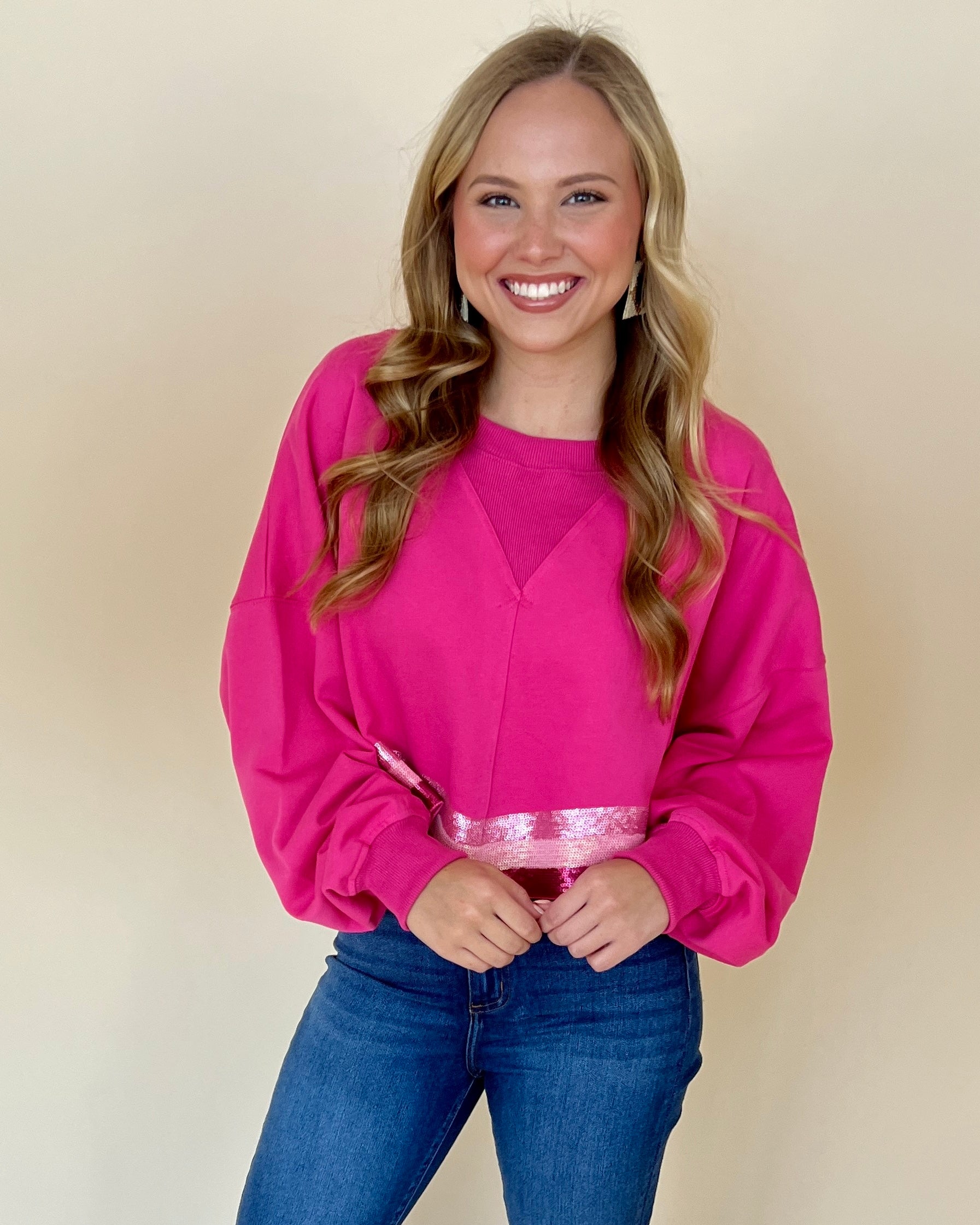 See You Sweetheart Pink Sequins Cropped Sweatshirt-Shop-Womens-Boutique-Clothing