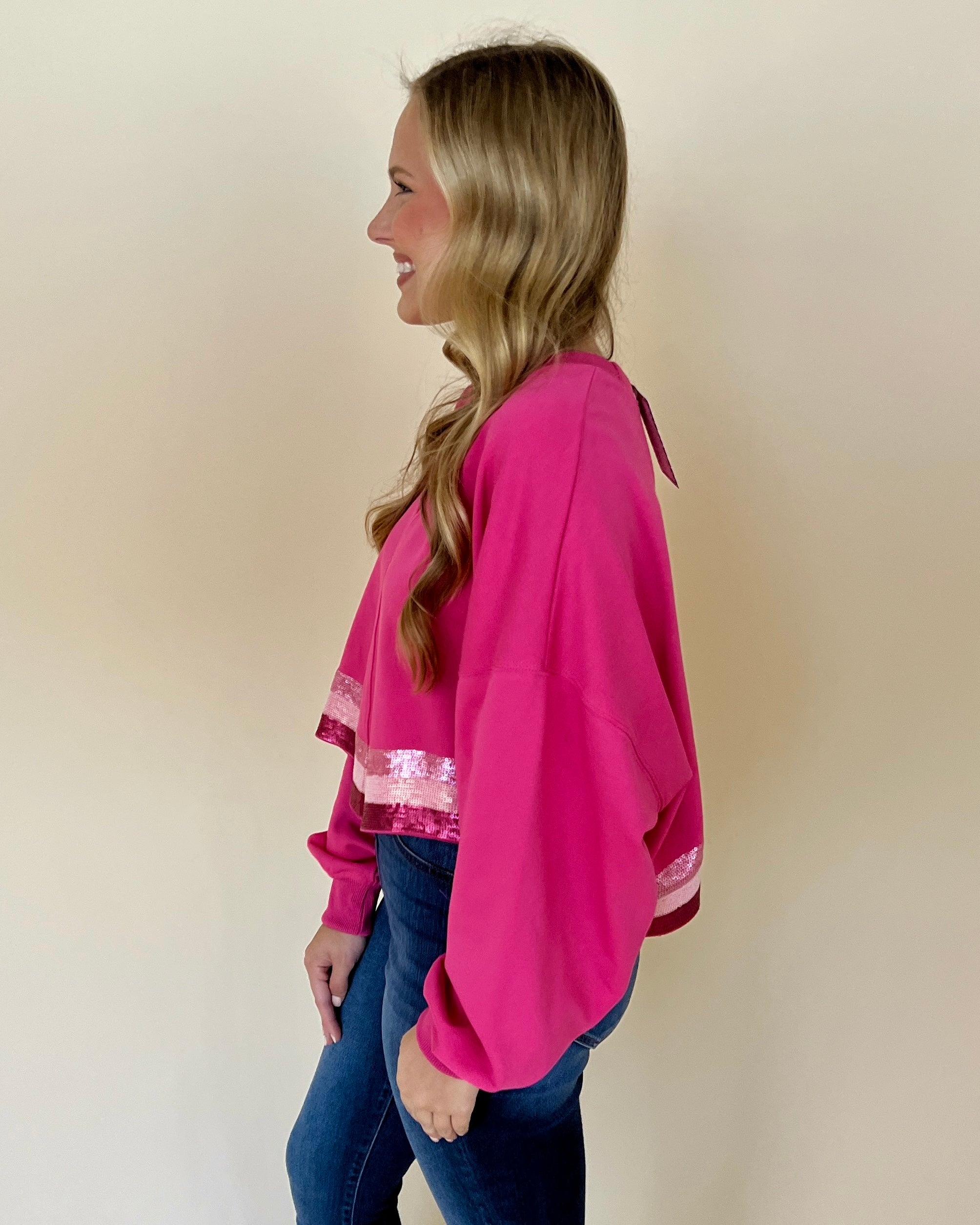 See You Sweetheart Pink Sequins Cropped Sweatshirt-Shop-Womens-Boutique-Clothing