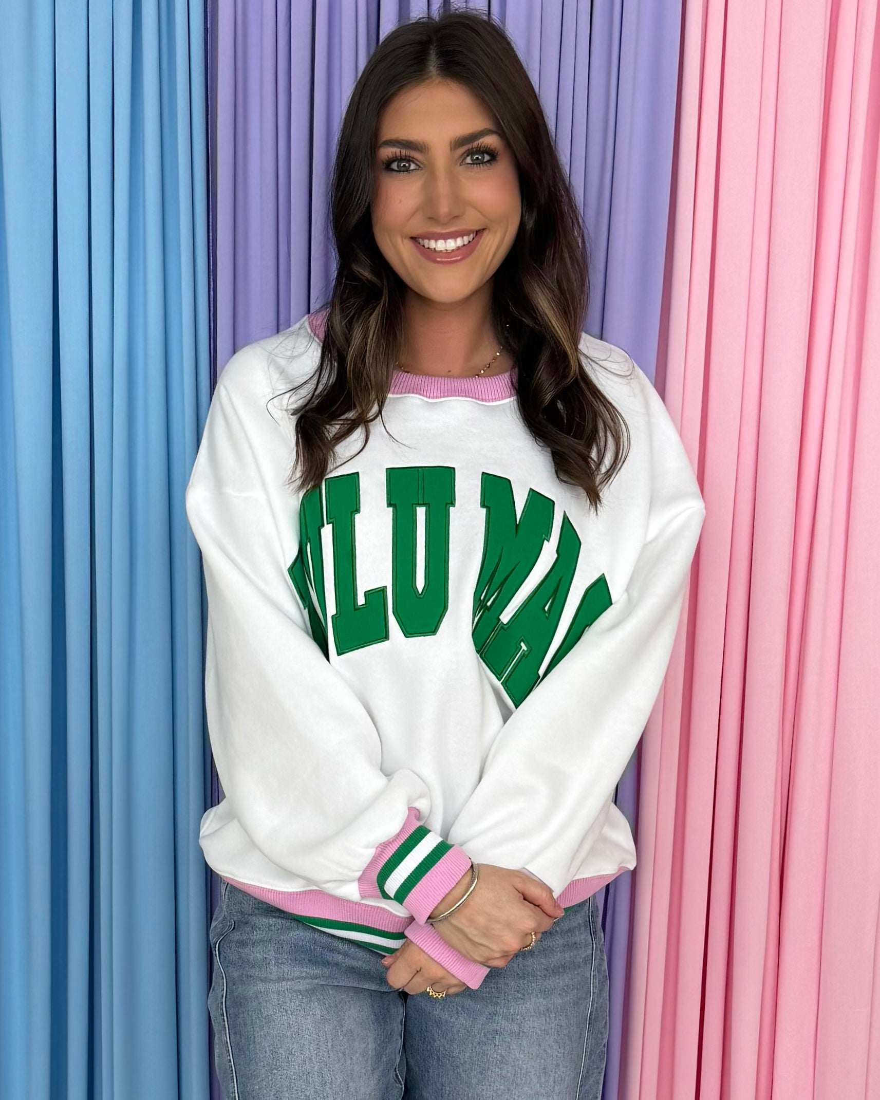 LULU MAC White Green Stitch Sweatshirt-Shop-Womens-Boutique-Clothing