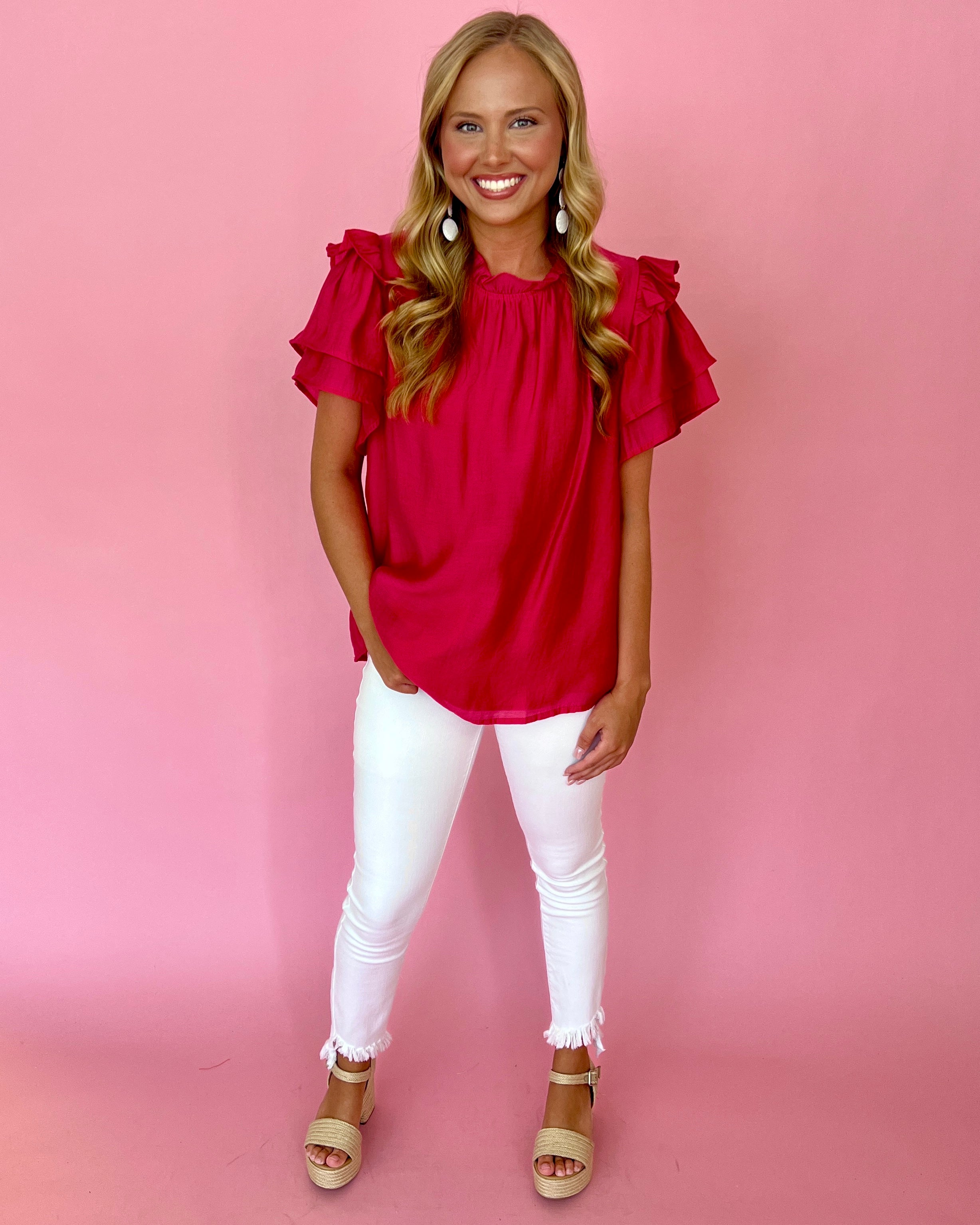Whatever It Takes Coral Mock Neck Ruffle Sleeve Top-Shop-Womens-Boutique-Clothing