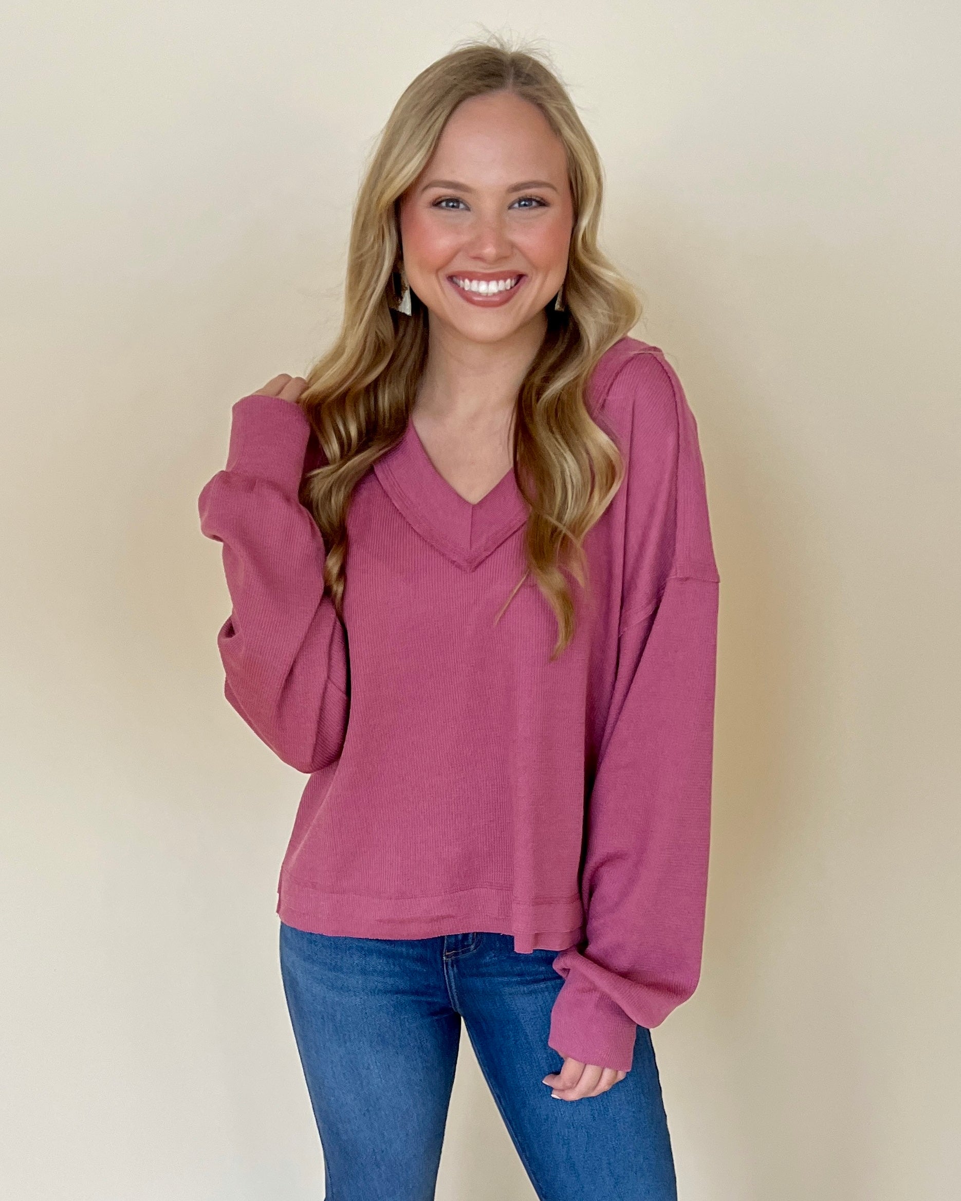 True Warmth Rose Ribbed V-neck Top-Shop-Womens-Boutique-Clothing