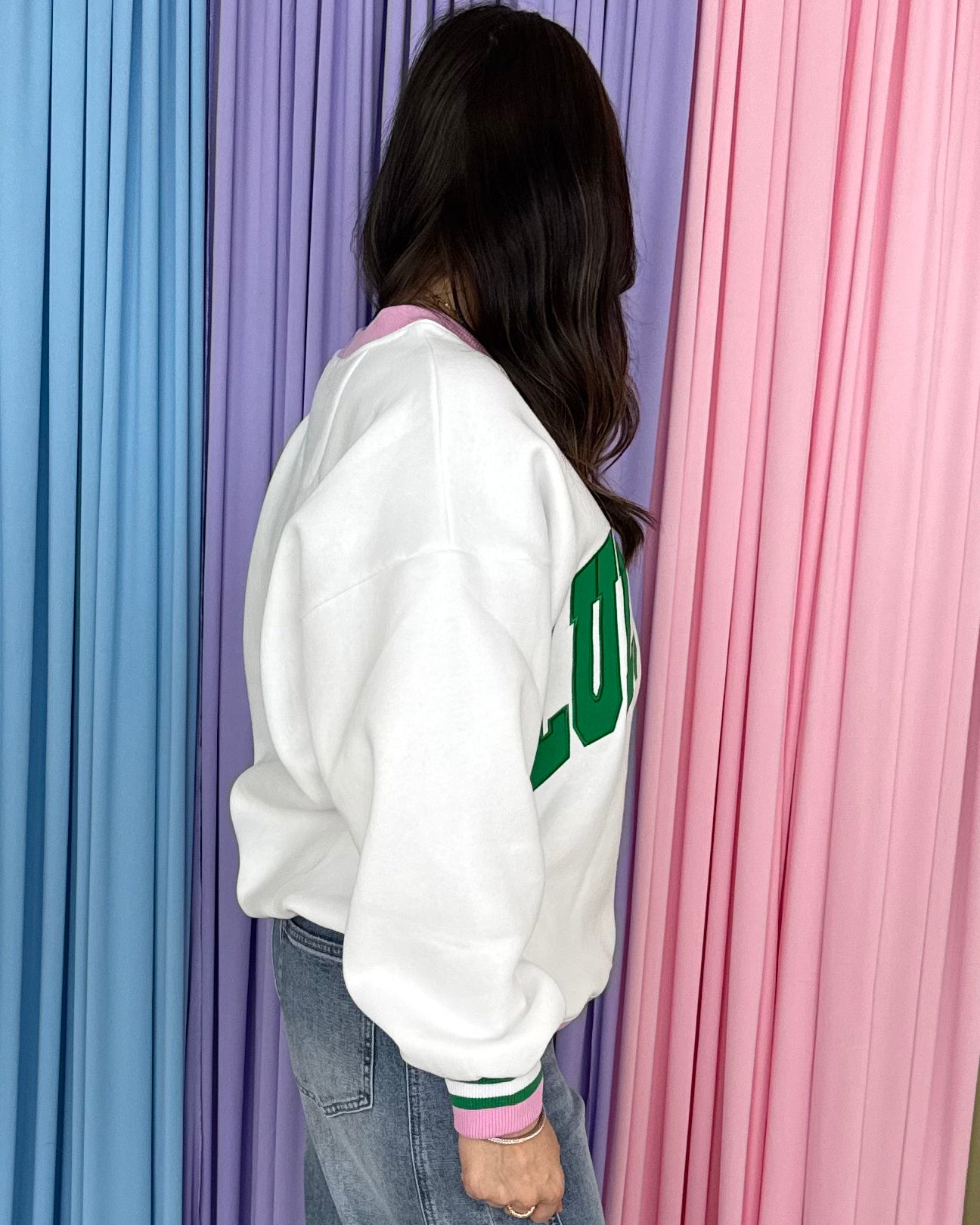 LULU MAC White Green Stitch Sweatshirt-Shop-Womens-Boutique-Clothing