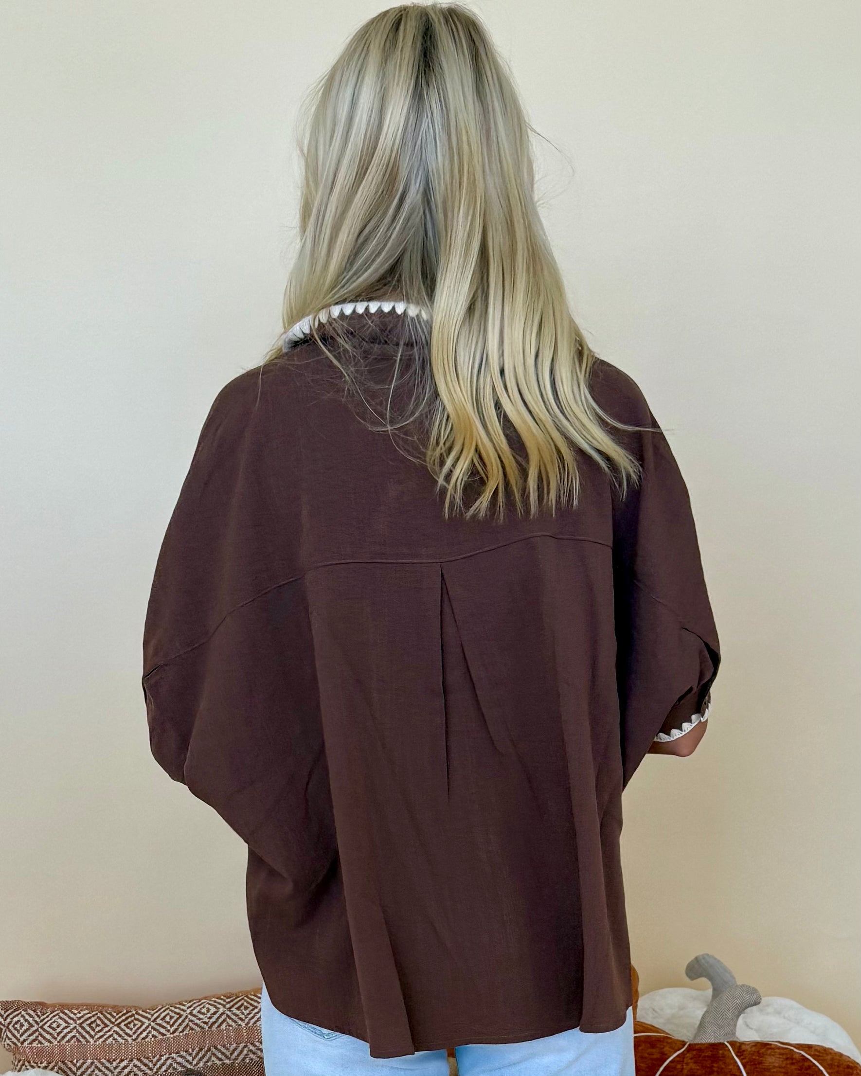 Cool Contrast Espresso Embroidered Stitch Top-Shop-Womens-Boutique-Clothing