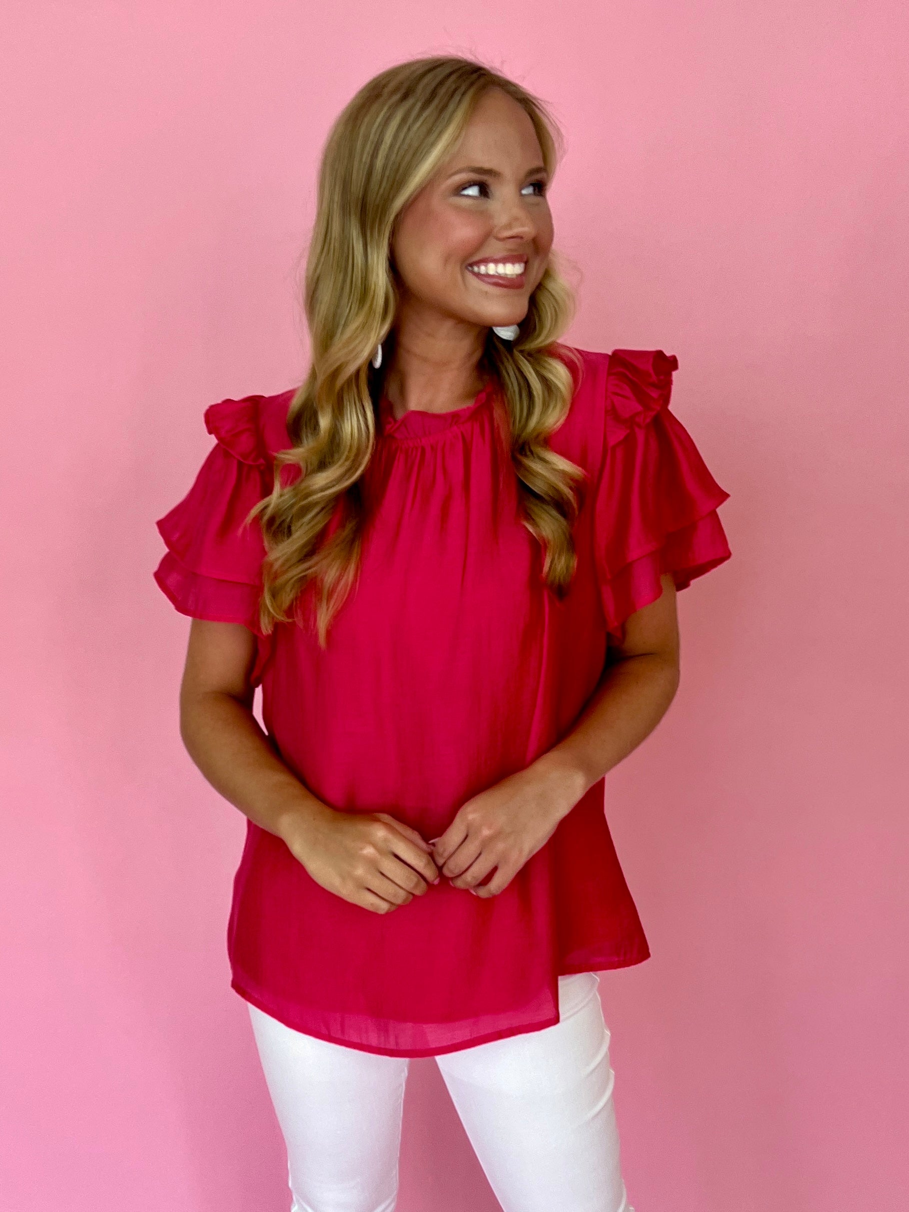 Whatever It Takes Coral Mock Neck Ruffle Sleeve Top-Shop-Womens-Boutique-Clothing