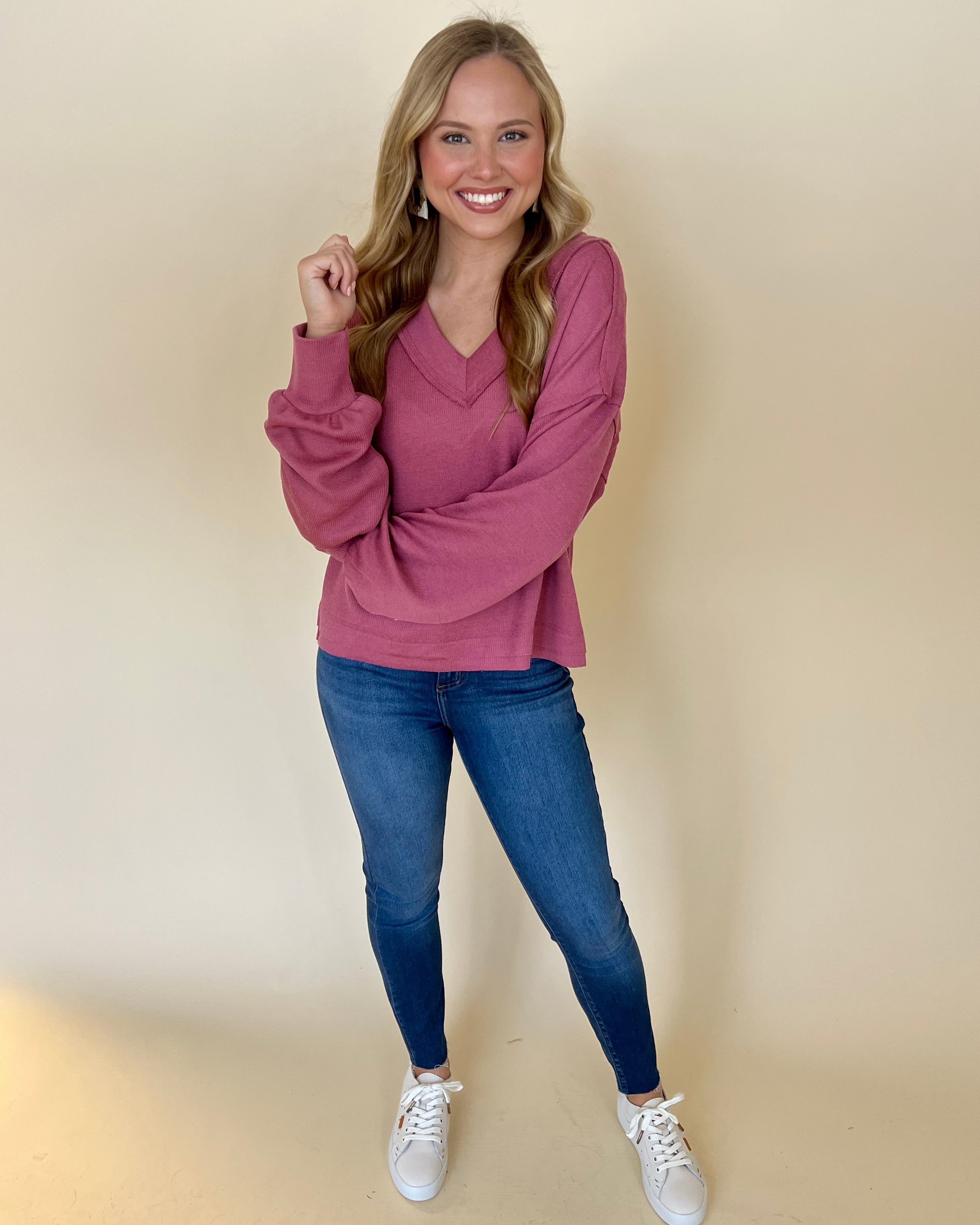 True Warmth Rose Ribbed V-neck Top-Shop-Womens-Boutique-Clothing