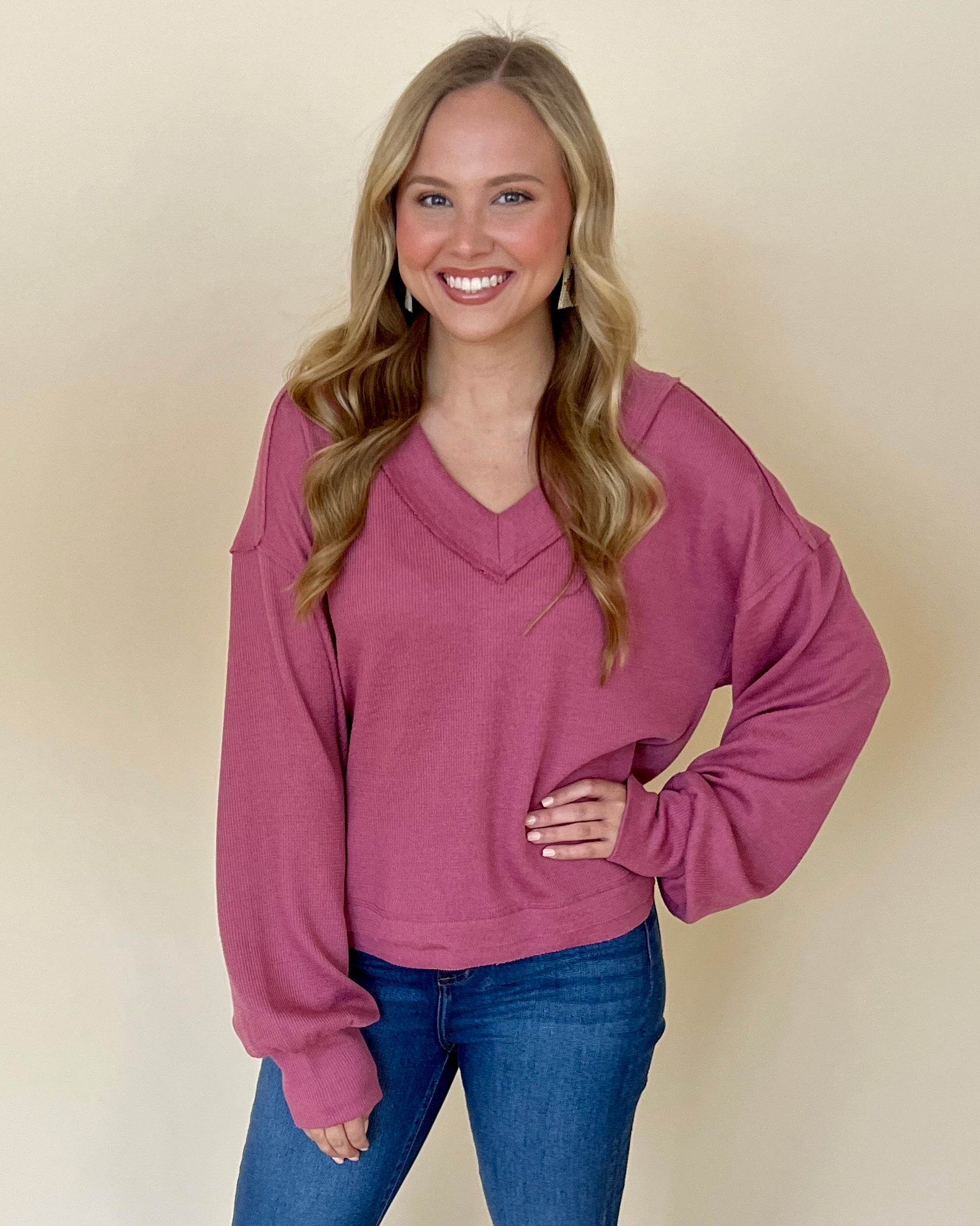 True Warmth Rose Ribbed V-neck Top-Shop-Womens-Boutique-Clothing