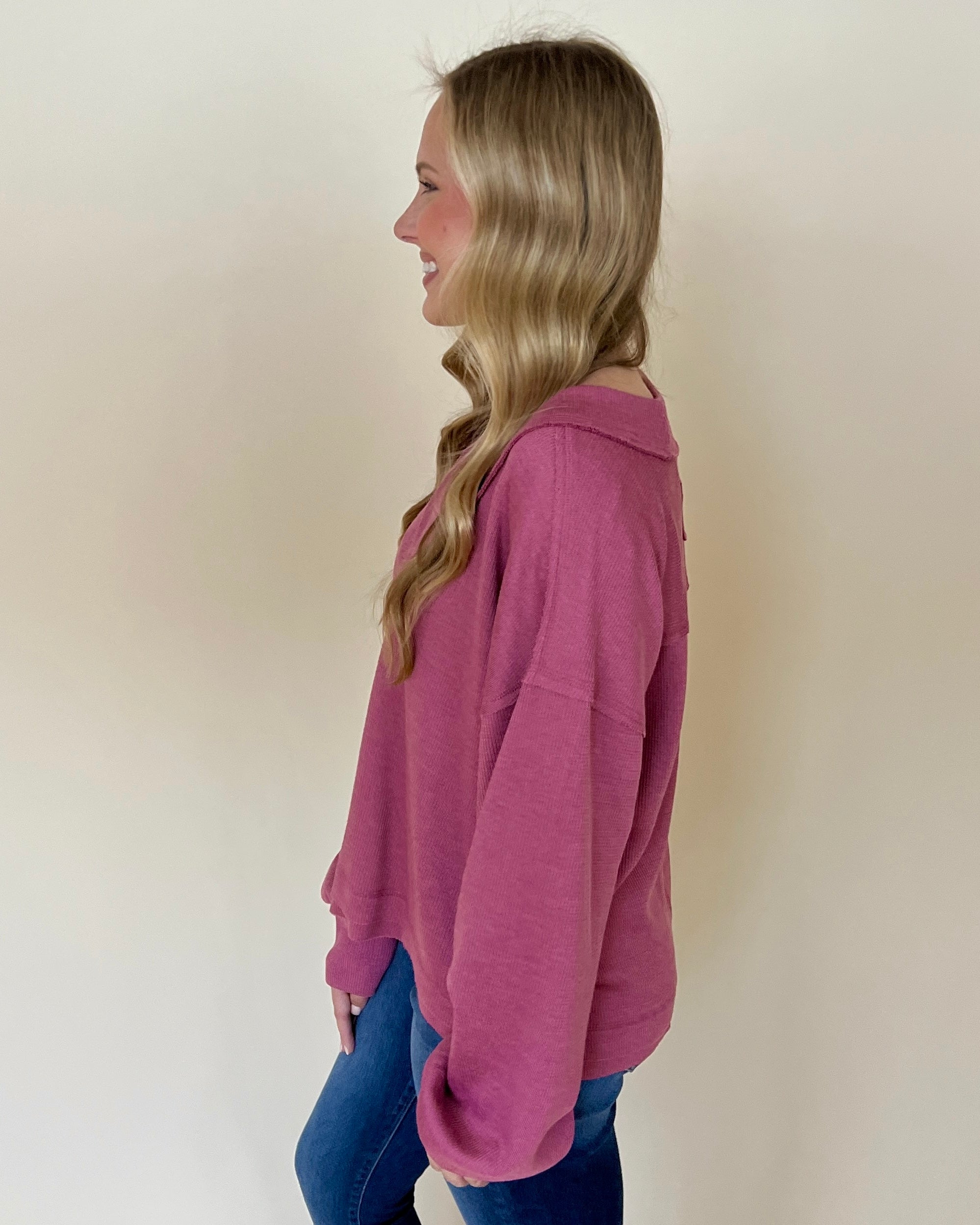 True Warmth Rose Ribbed V-neck Top-Shop-Womens-Boutique-Clothing