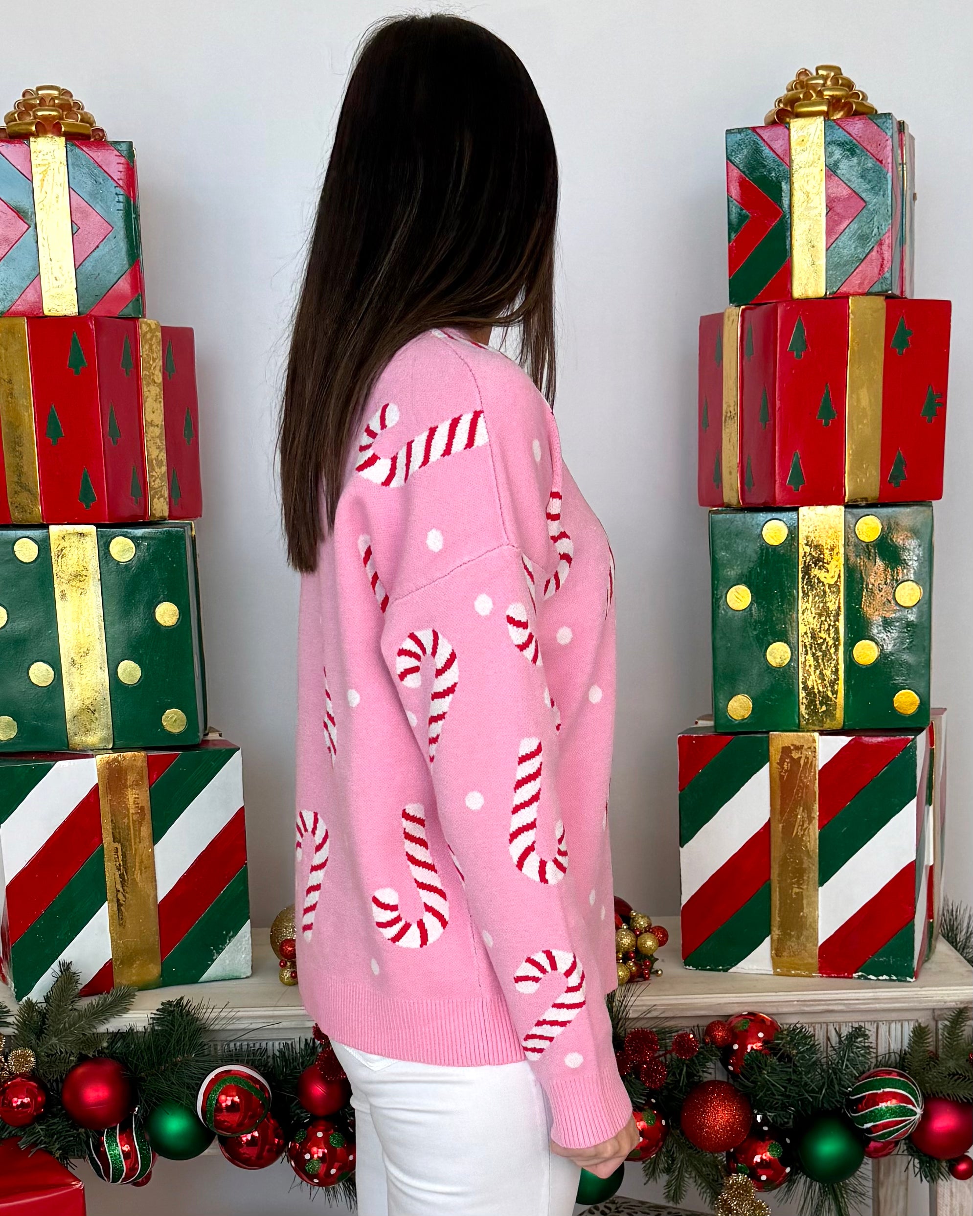 It's All Possible Pink Candy Cane Sweater-Shop-Womens-Boutique-Clothing