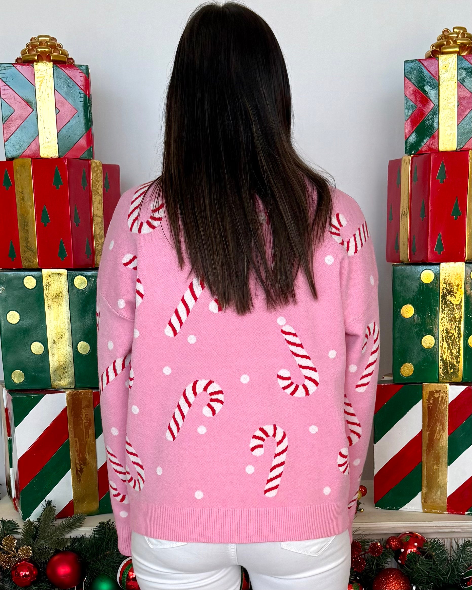 It's All Possible Pink Candy Cane Sweater-Shop-Womens-Boutique-Clothing