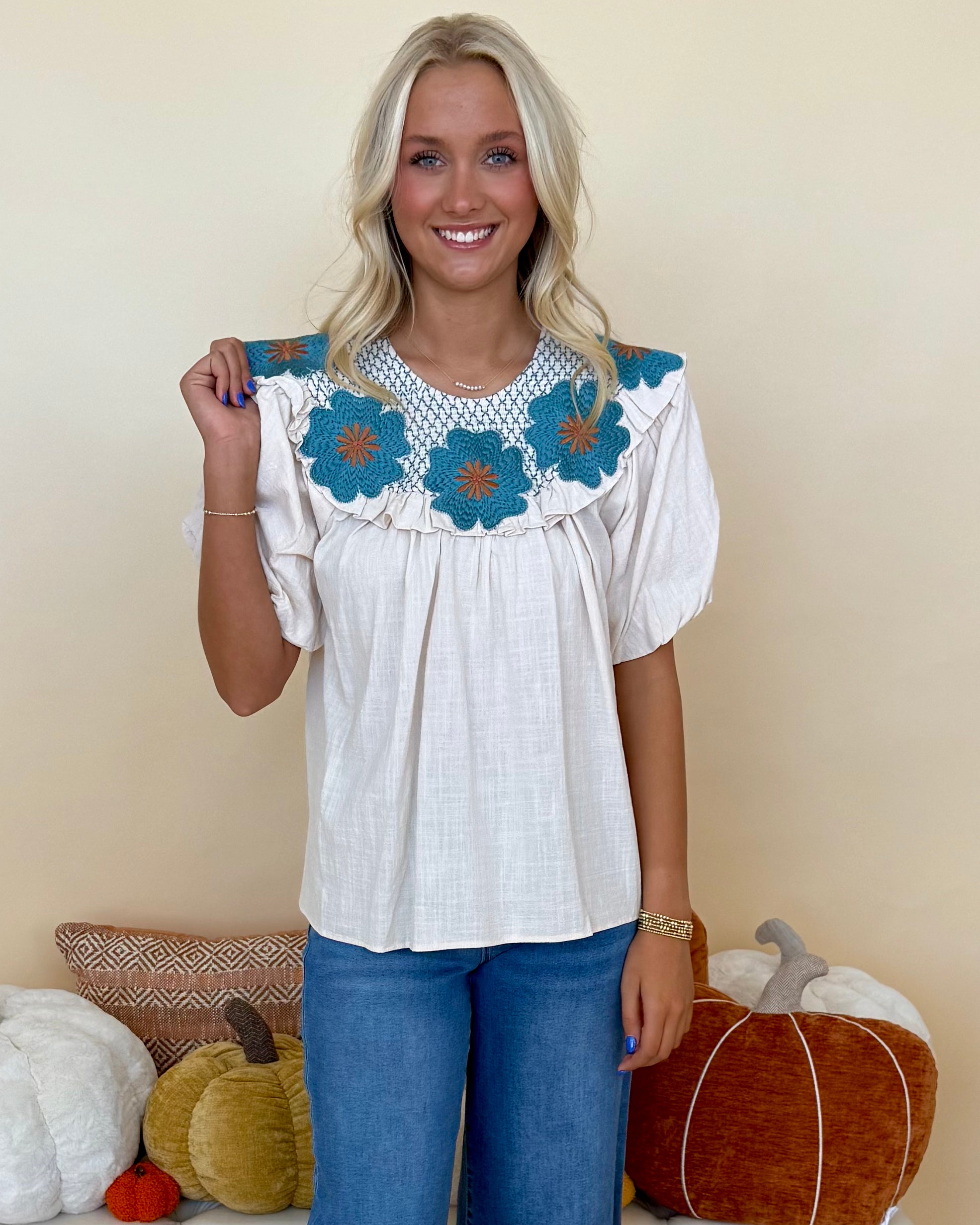 How Far Cream/Teal Floral Embroidered Top-Shop-Womens-Boutique-Clothing