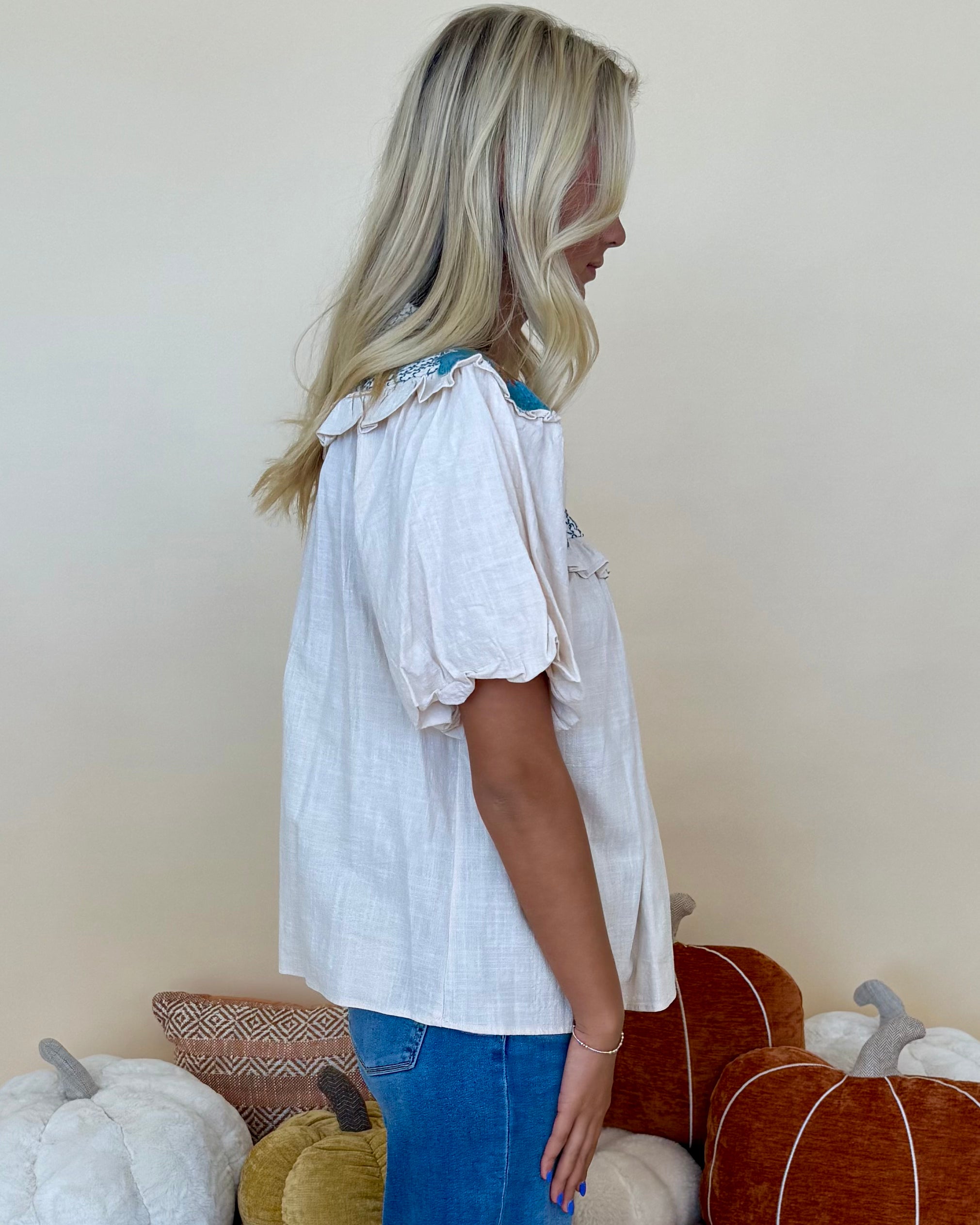 How Far Cream/Teal Floral Embroidered Top-Shop-Womens-Boutique-Clothing