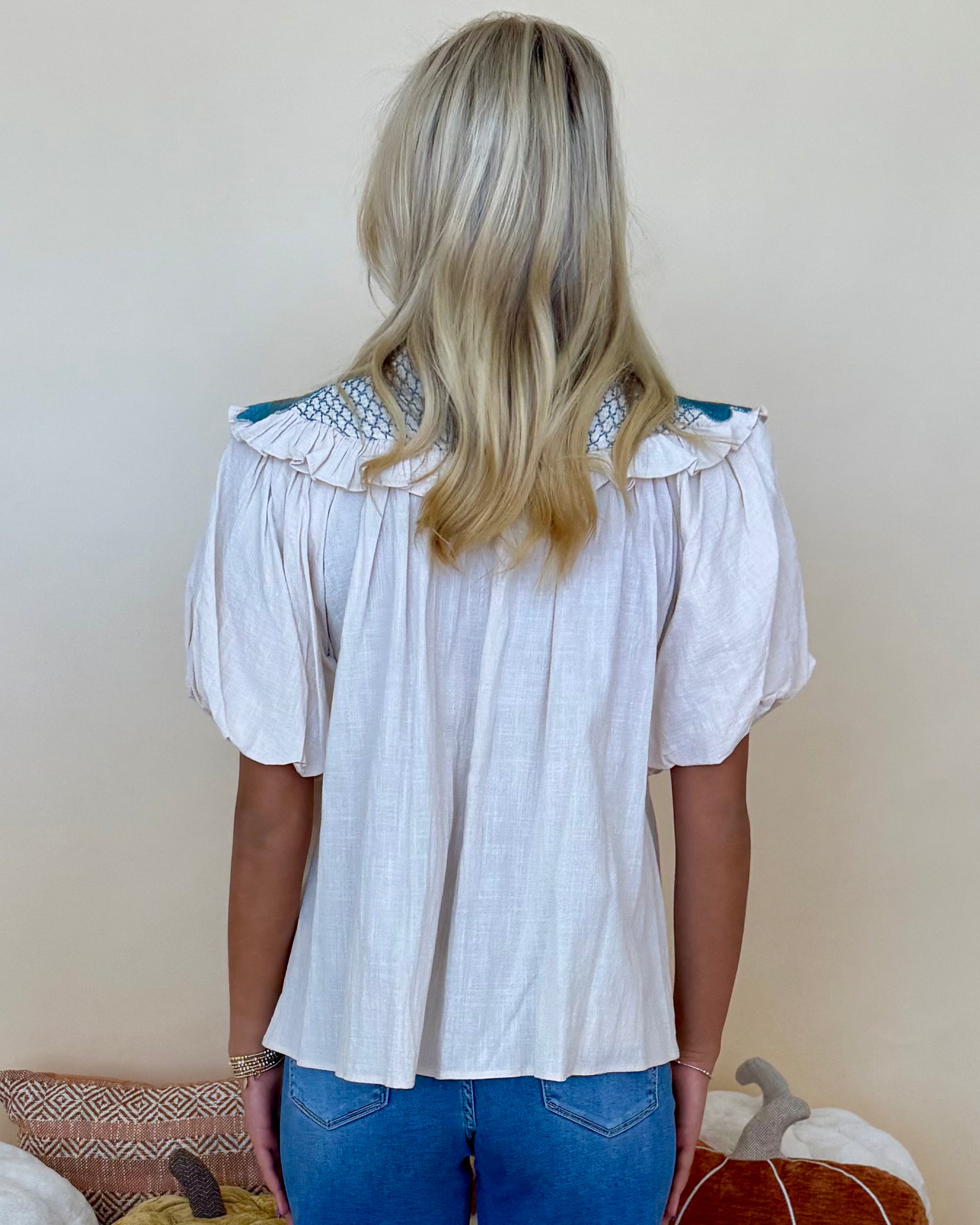 How Far Cream/Teal Floral Embroidered Top-Shop-Womens-Boutique-Clothing