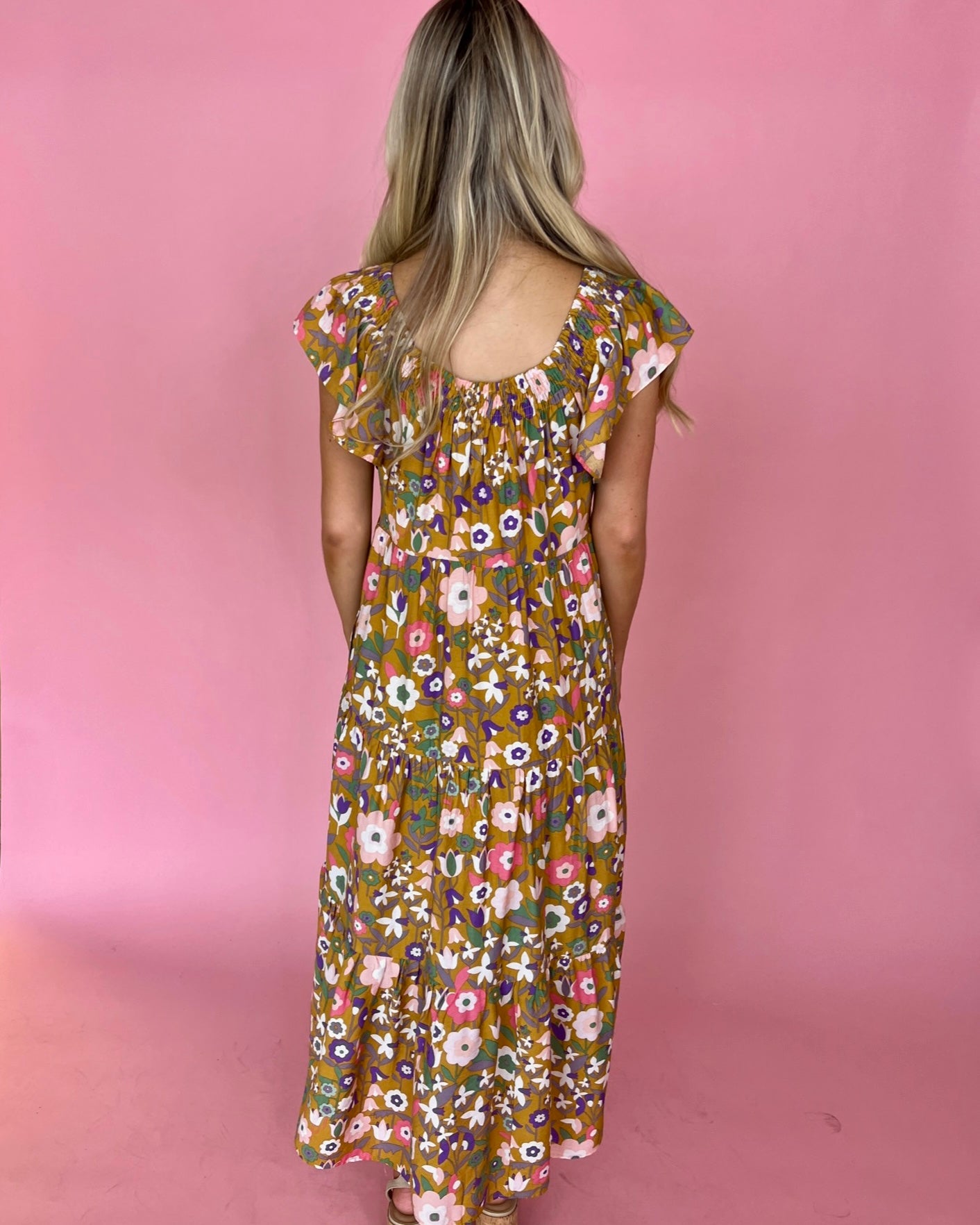 Strolling Around Mustard Floral Tiered Ruffle Midi Dress-Shop-Womens-Boutique-Clothing