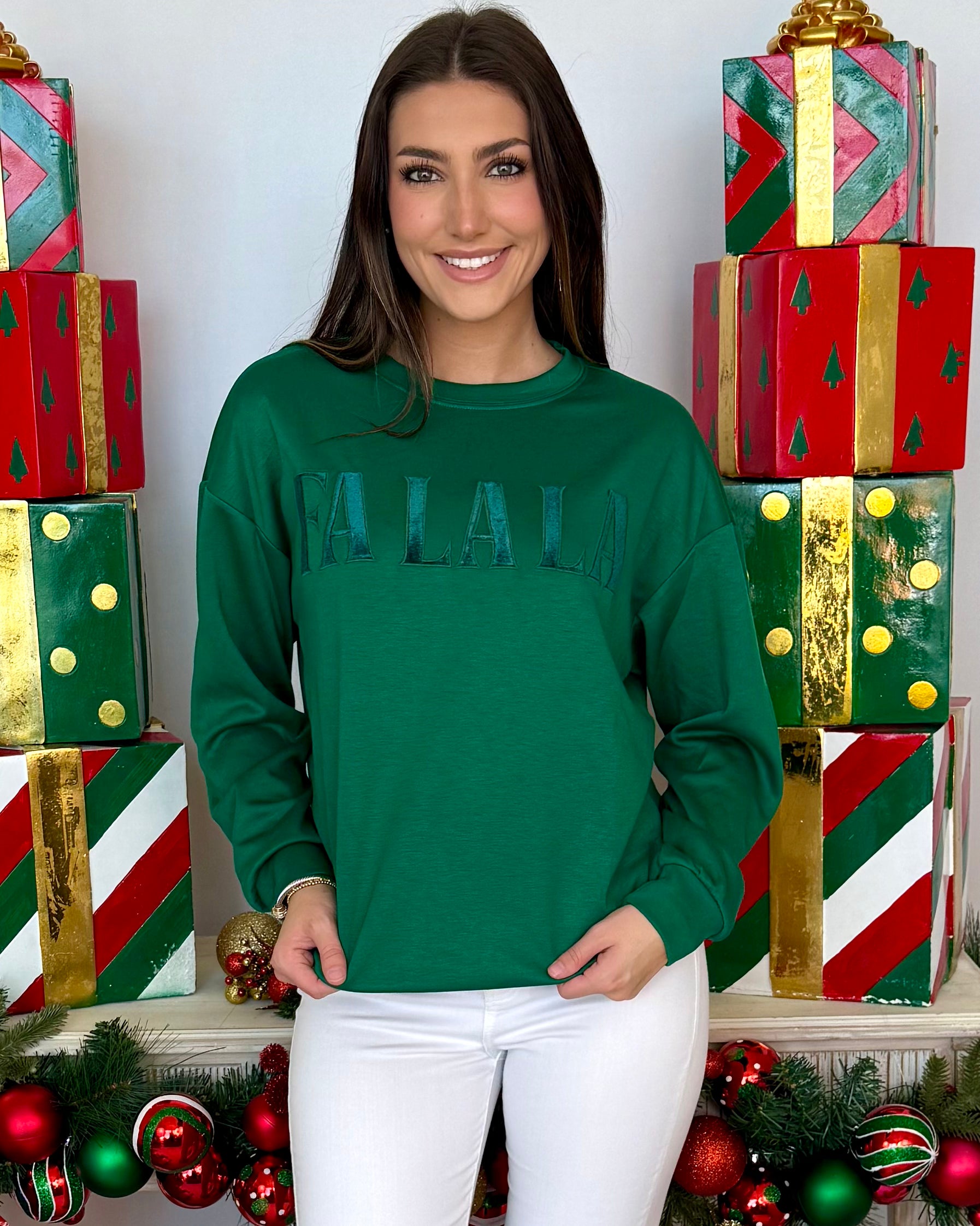 Green Fa La La Velvet Sweatshirt-Shop-Womens-Boutique-Clothing