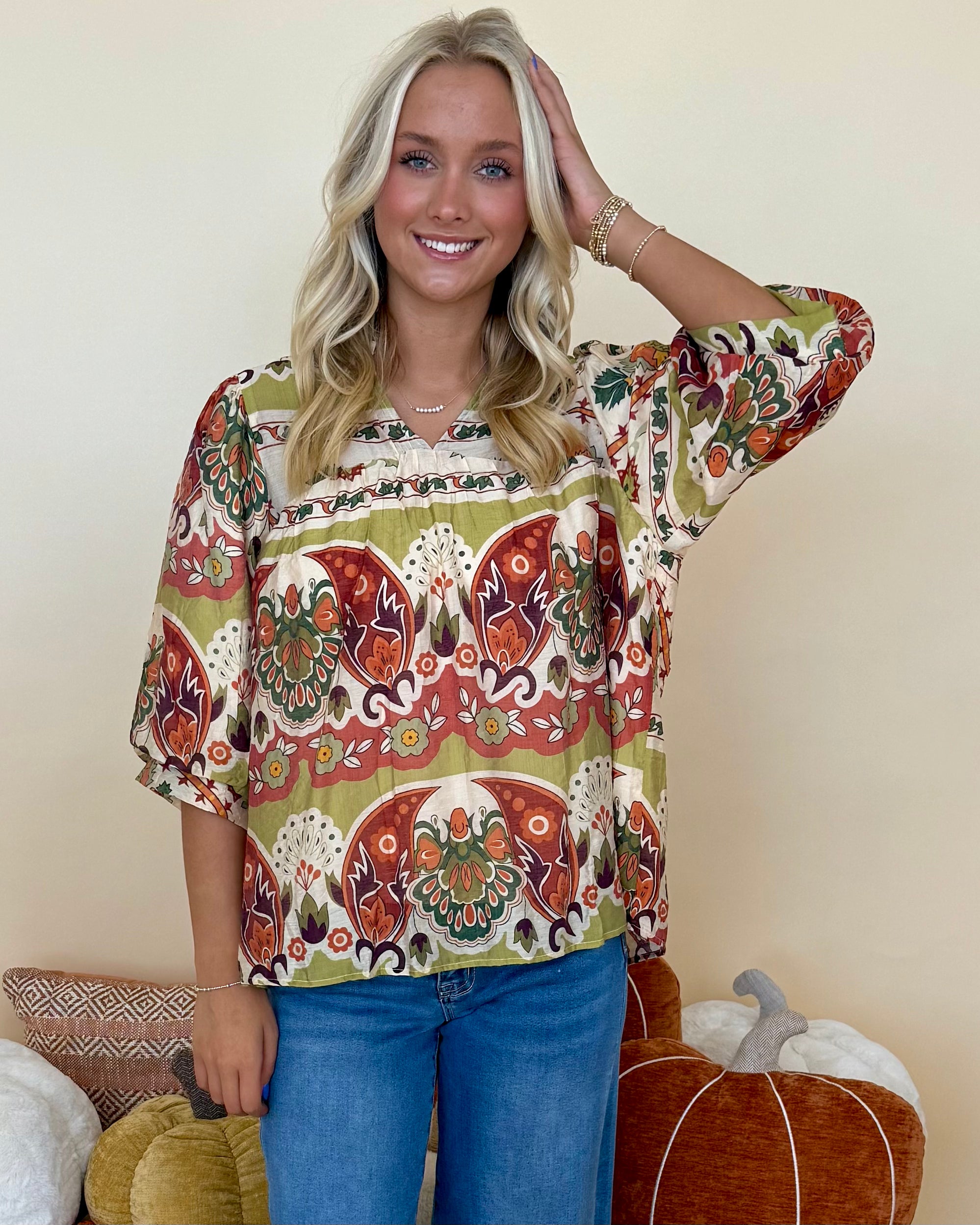 Forever Young Green Mix Print Split Neck Top-Shop-Womens-Boutique-Clothing