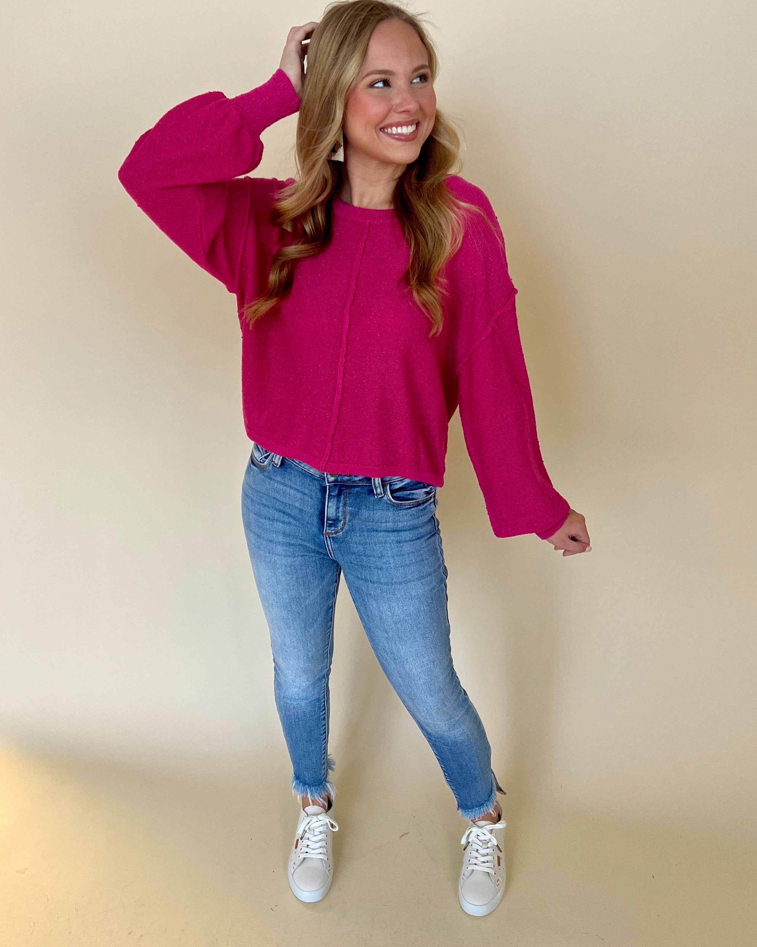 Endless Nights Hot Pink Popcorn Knit Sweater-Shop-Womens-Boutique-Clothing