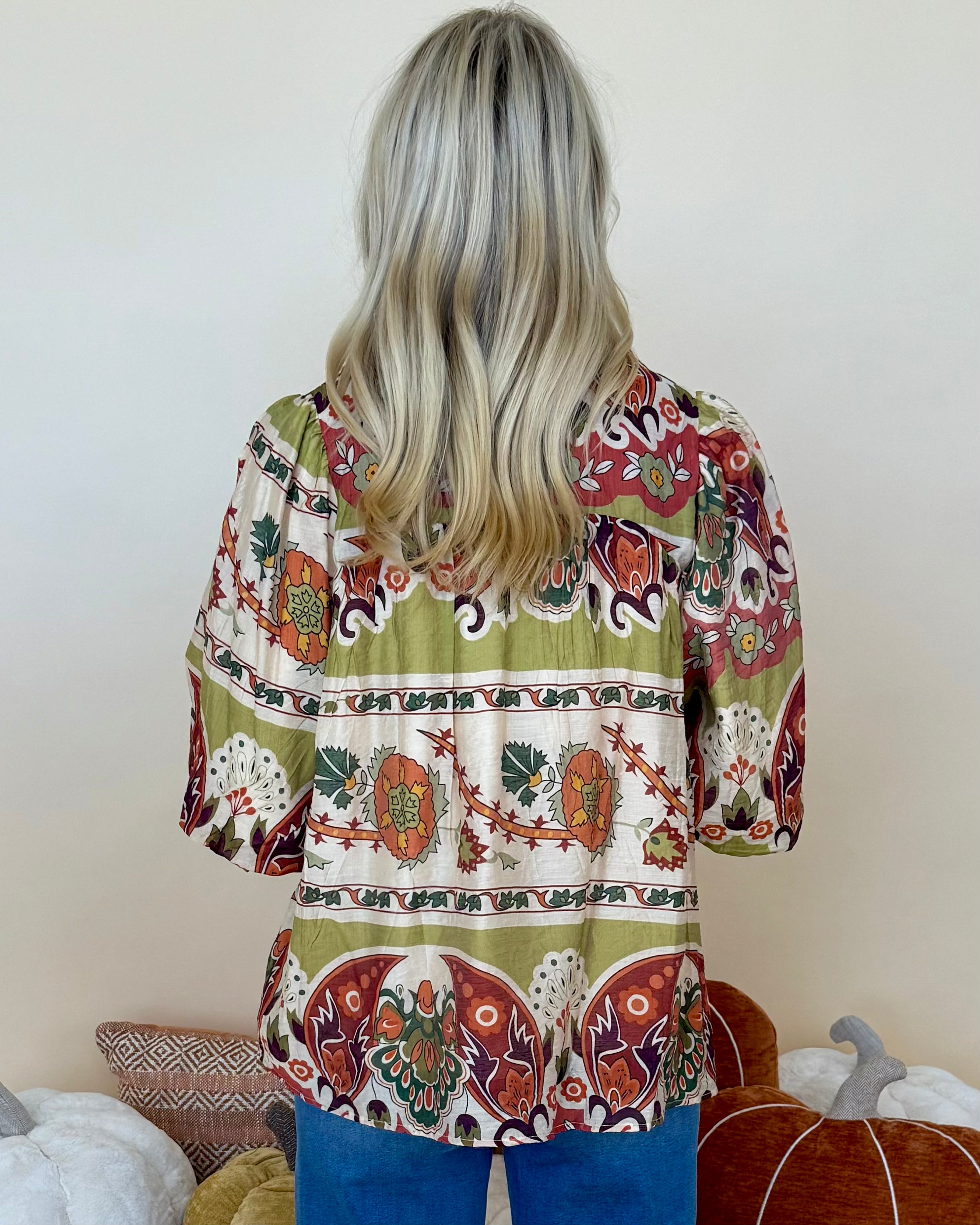 Forever Young Green Mix Print Split Neck Top-Shop-Womens-Boutique-Clothing