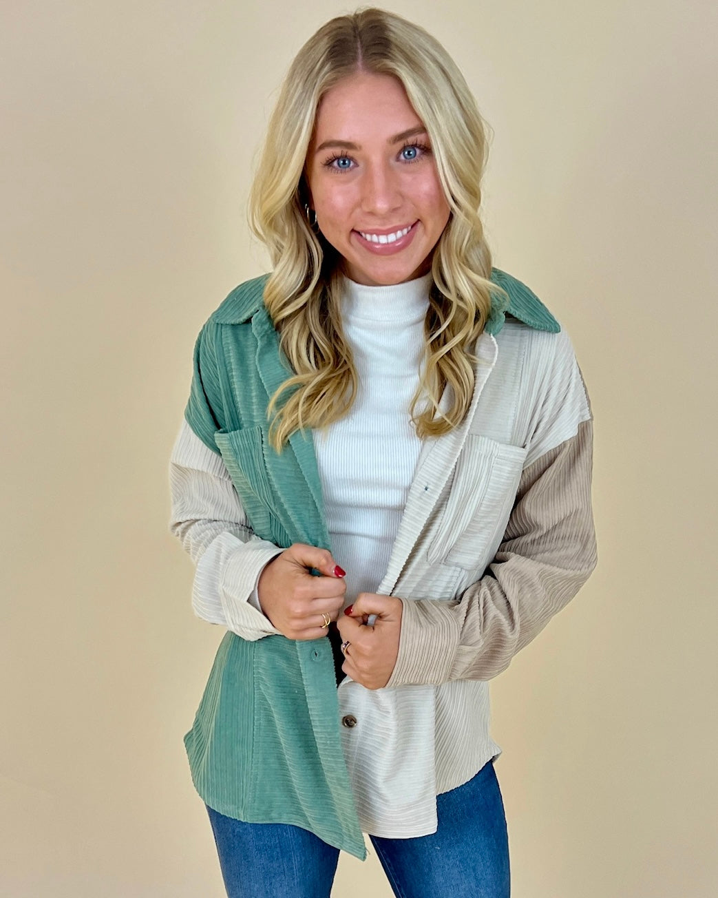 Warming Up Sage Mix Color Block Jacket-Shop-Womens-Boutique-Clothing