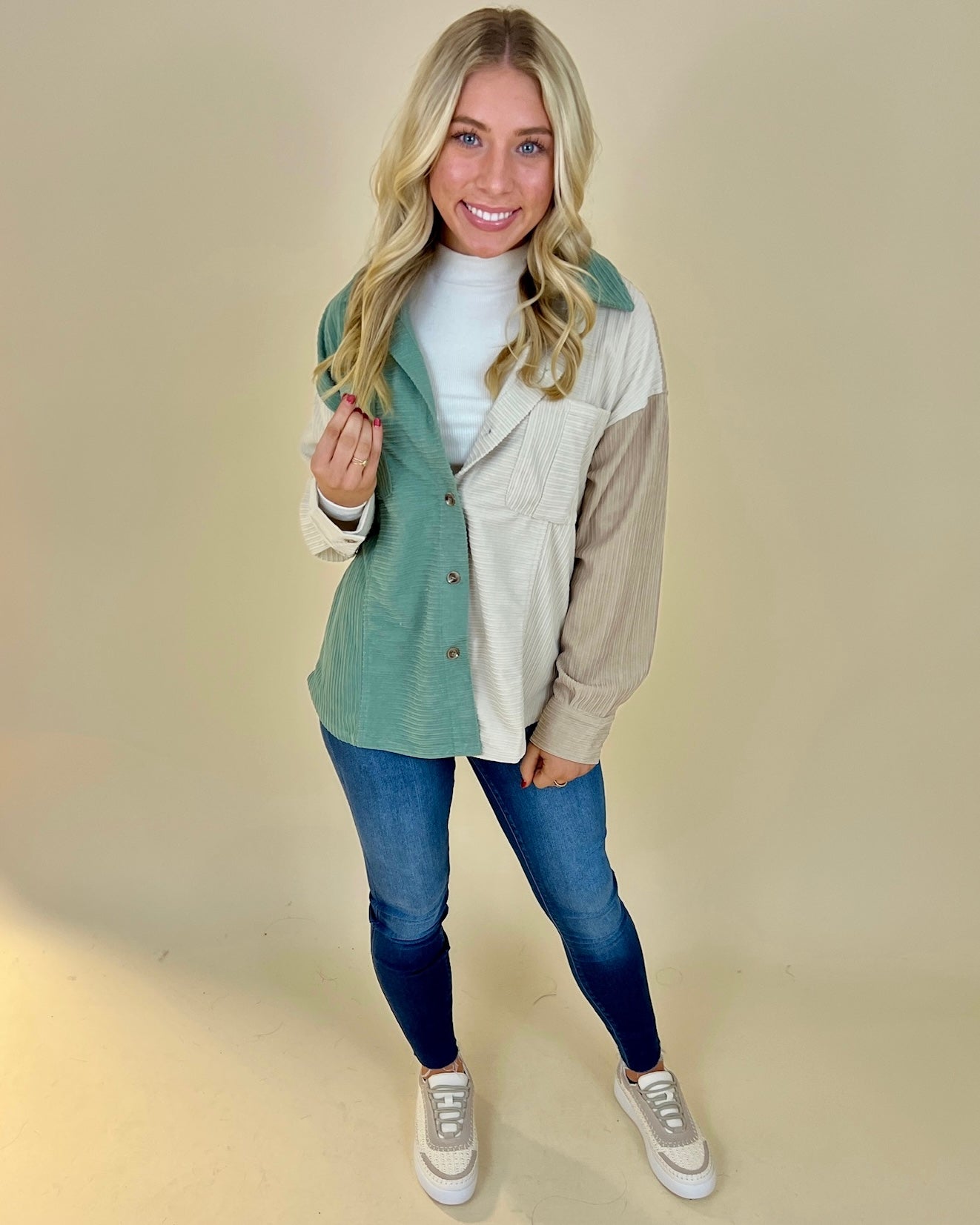 Warming Up Sage Mix Color Block Jacket-Shop-Womens-Boutique-Clothing