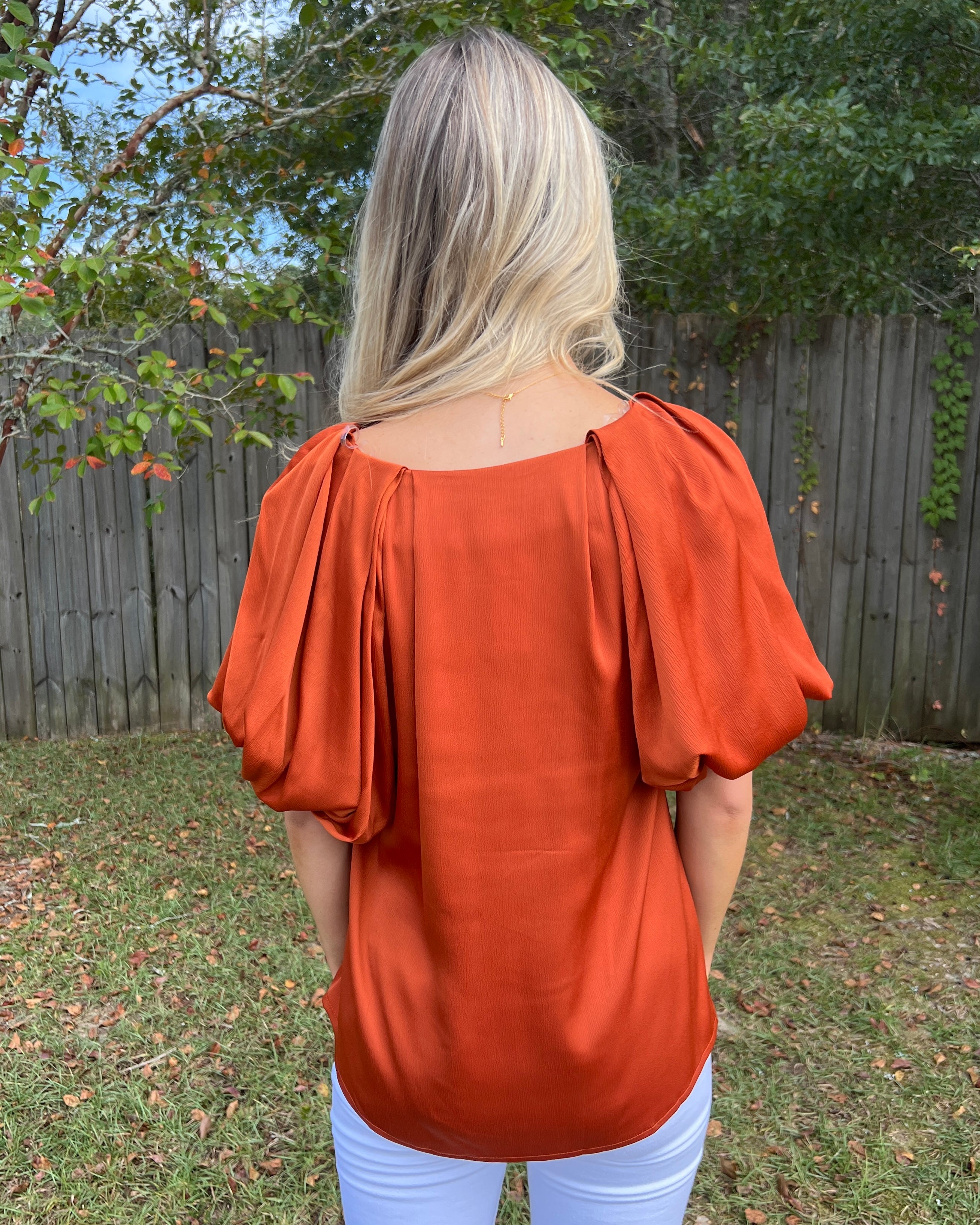 Carry On Copper V-neck Bubble Sleeve Top-Shop-Womens-Boutique-Clothing