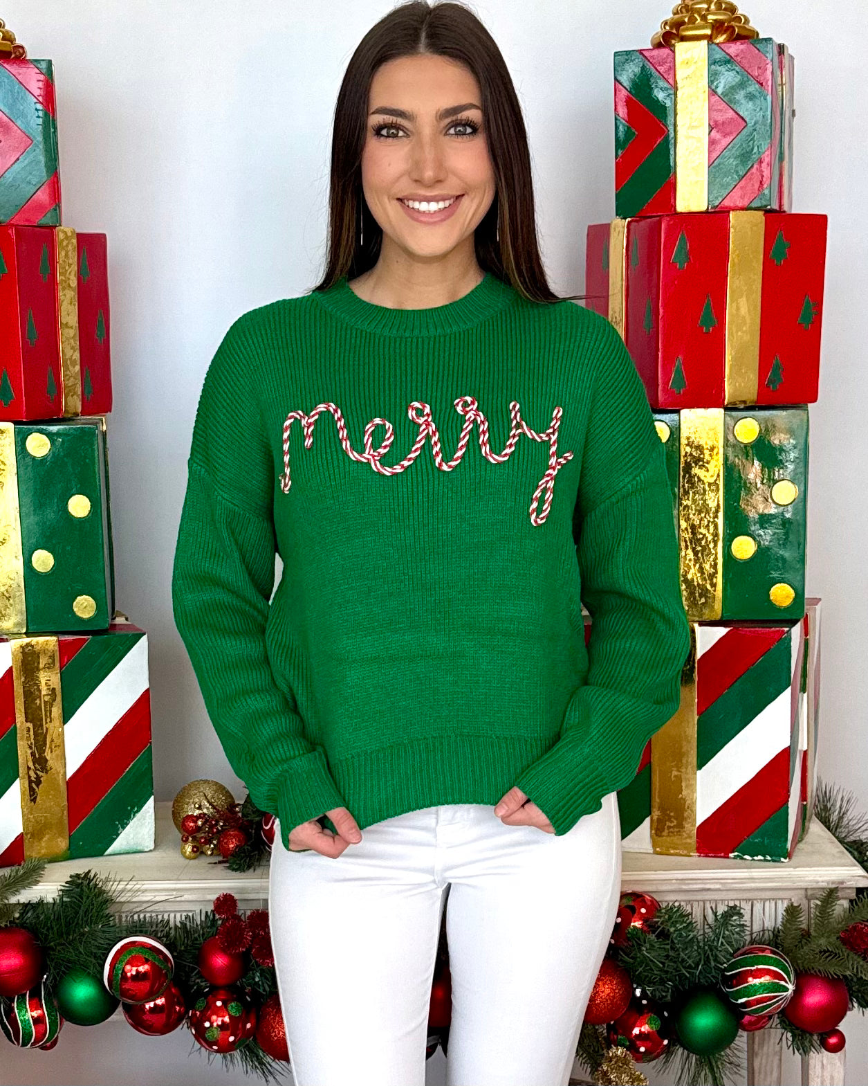 Holiday Vibes Christmas Green Merry Sweater-Shop-Womens-Boutique-Clothing