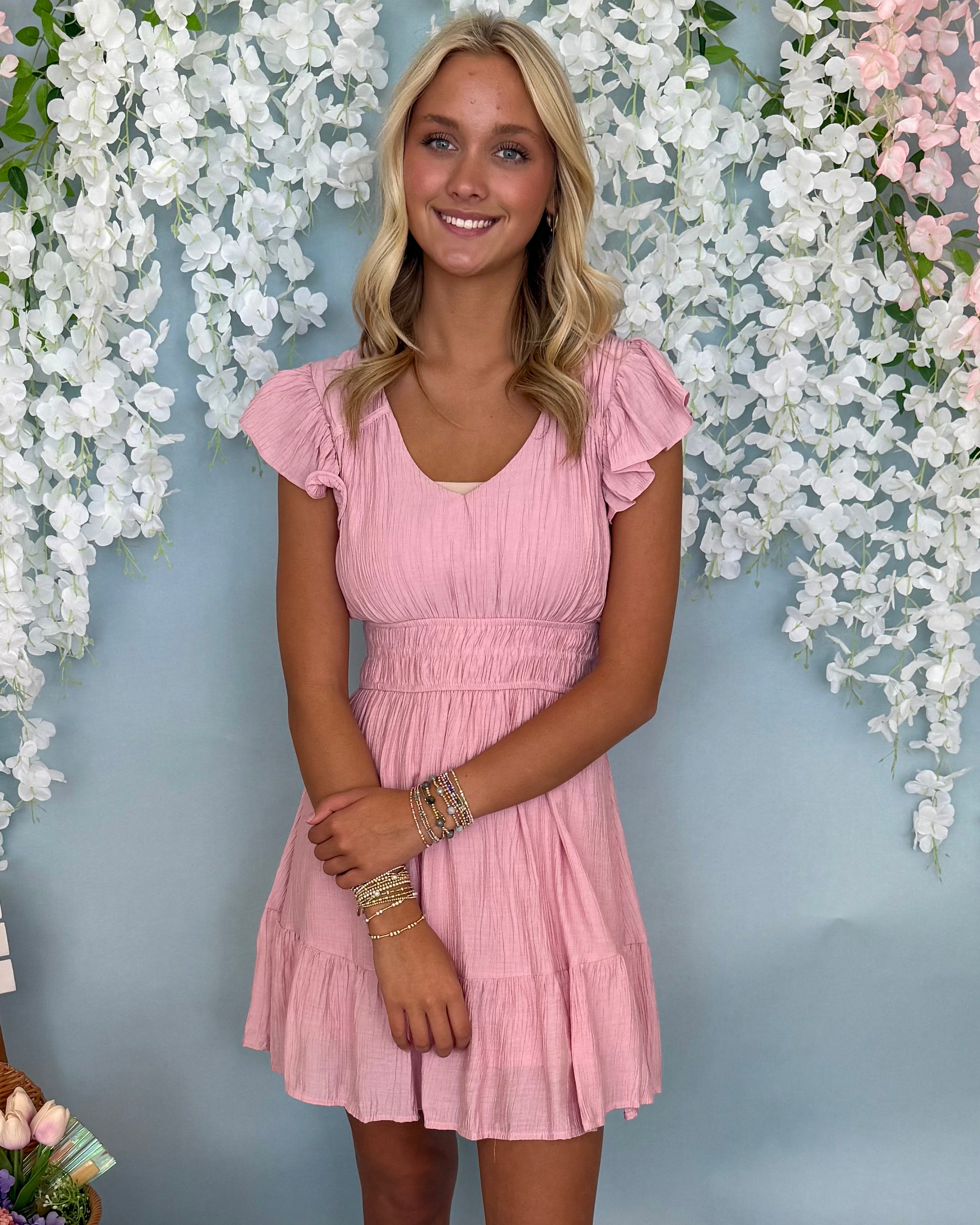 Rose Garden Pink Ruffle Shirred Dress-Shop-Womens-Boutique-Clothing