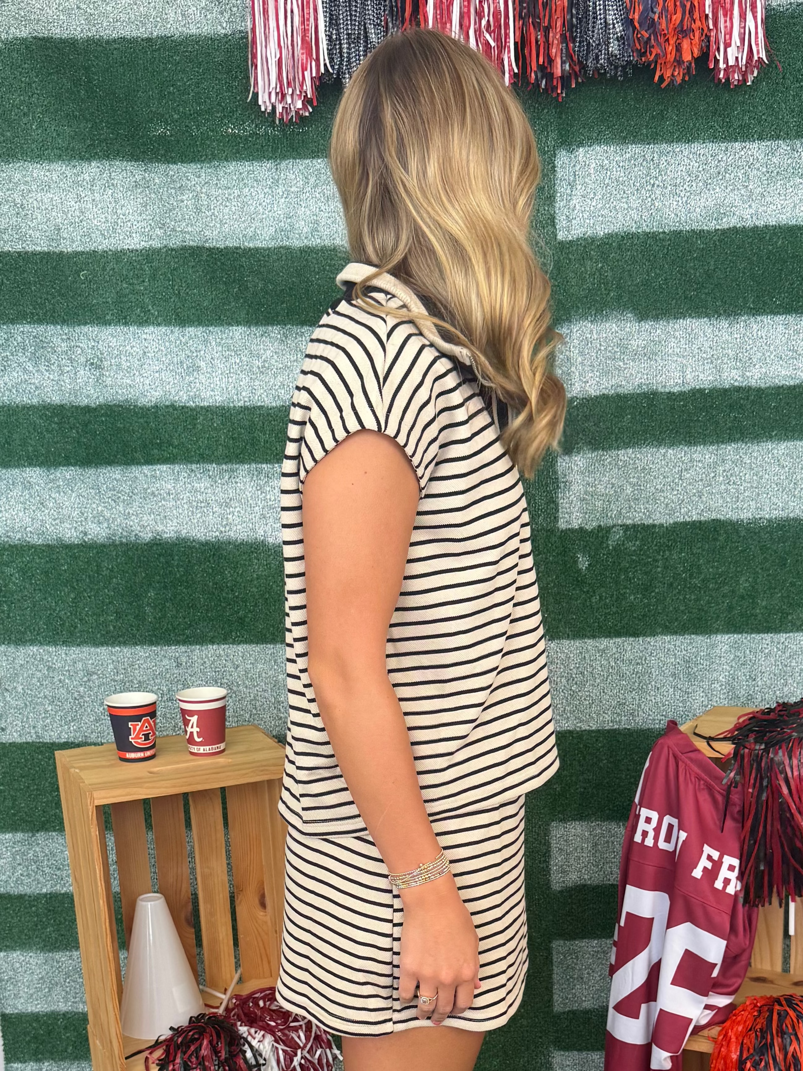 Stadium Darling Ecru Striped Sleeveless Half Zip Top and Skort Set-Shop-Womens-Boutique-Clothing