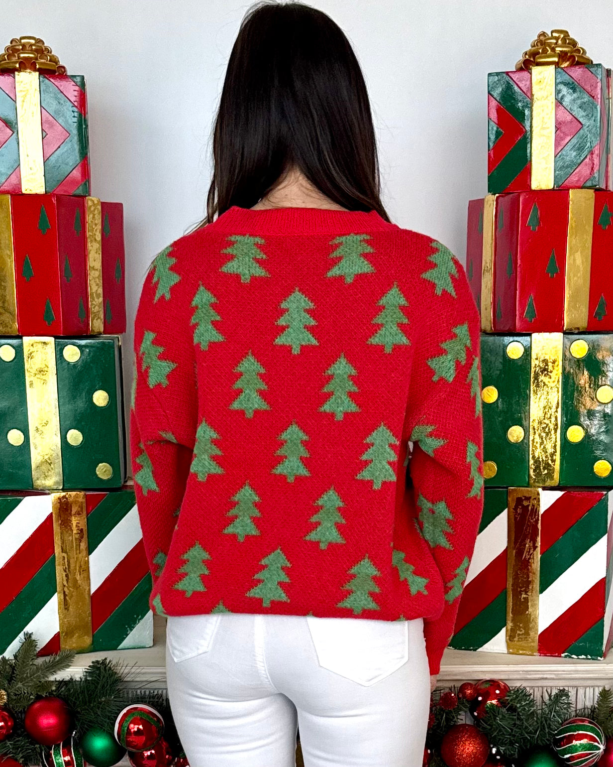 Making Spirits Bright Red/Green Tree Sweater-Shop-Womens-Boutique-Clothing