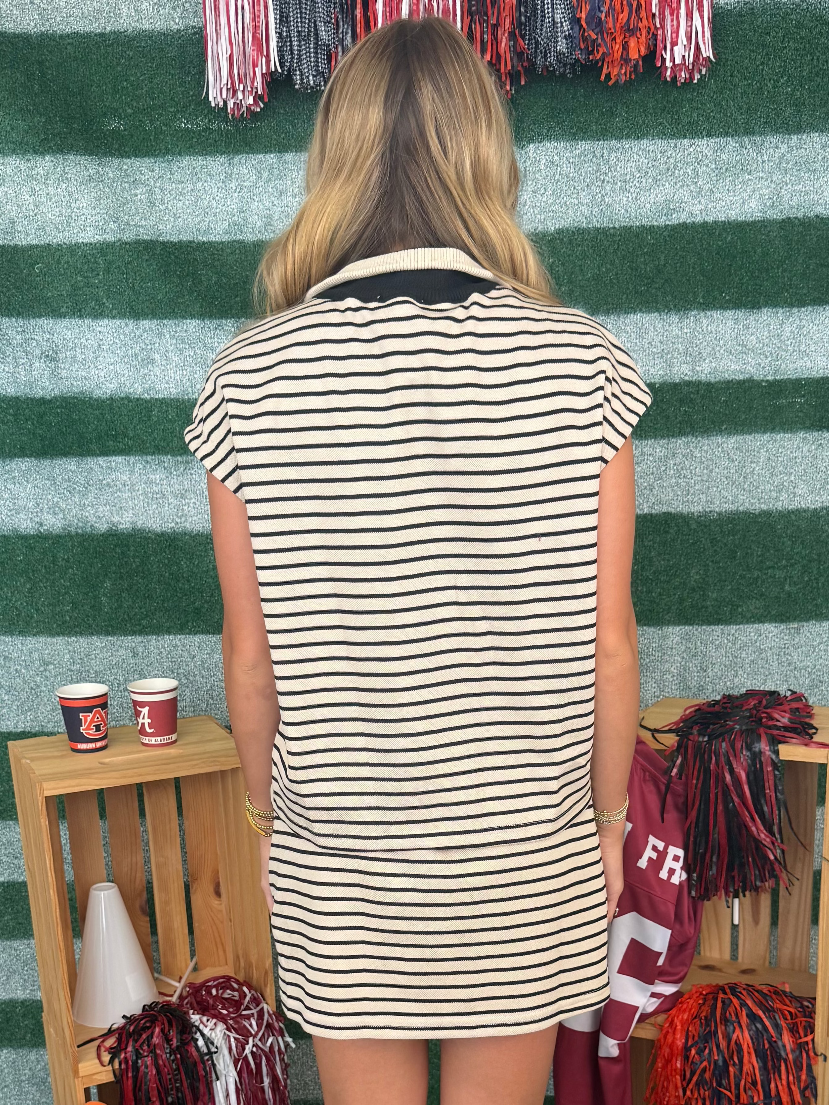 Stadium Darling Ecru Striped Sleeveless Half Zip Top and Skort Set-Shop-Womens-Boutique-Clothing