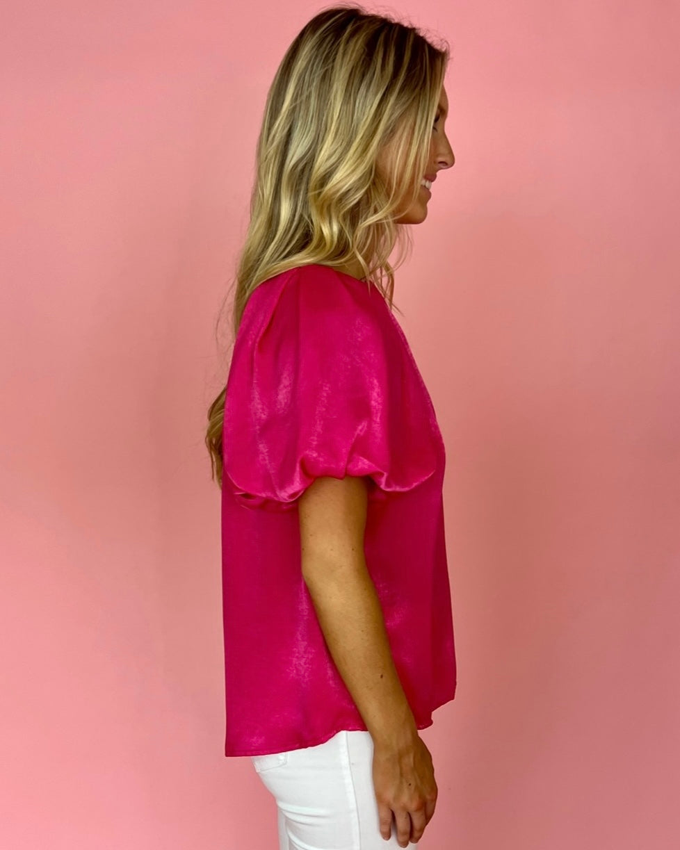 A New Opportunity Hot Pink Satin Puff Sleeve Top-Shop-Womens-Boutique-Clothing