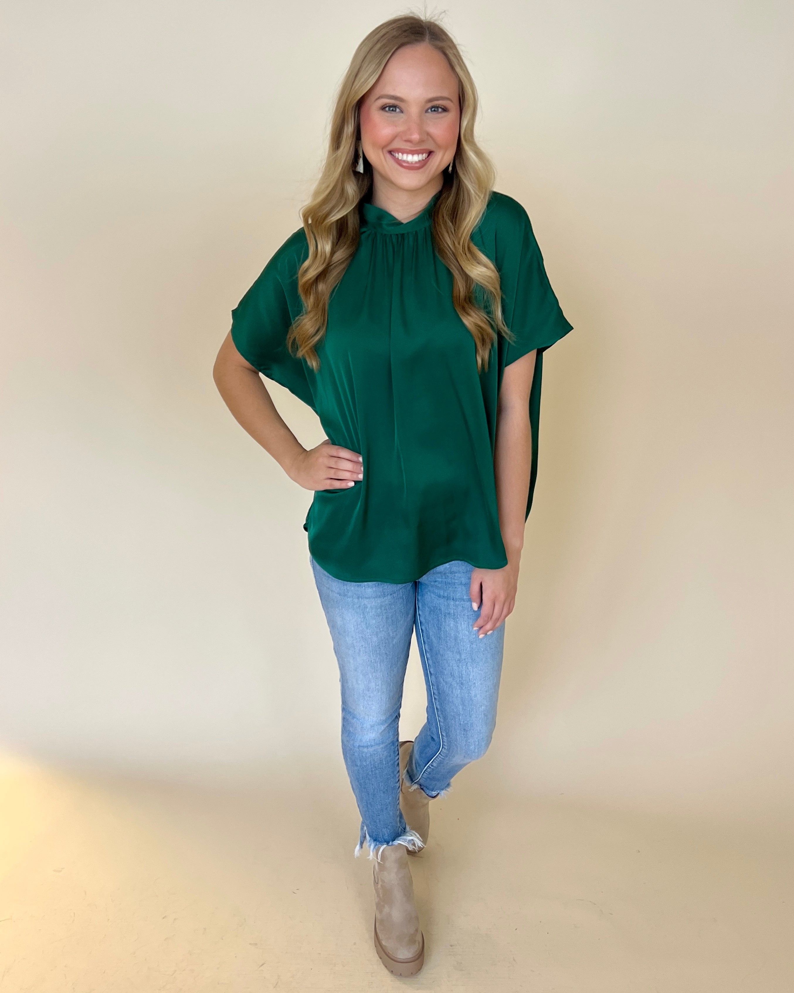 Off To Work Green Satin Tie Back Top-Shop-Womens-Boutique-Clothing