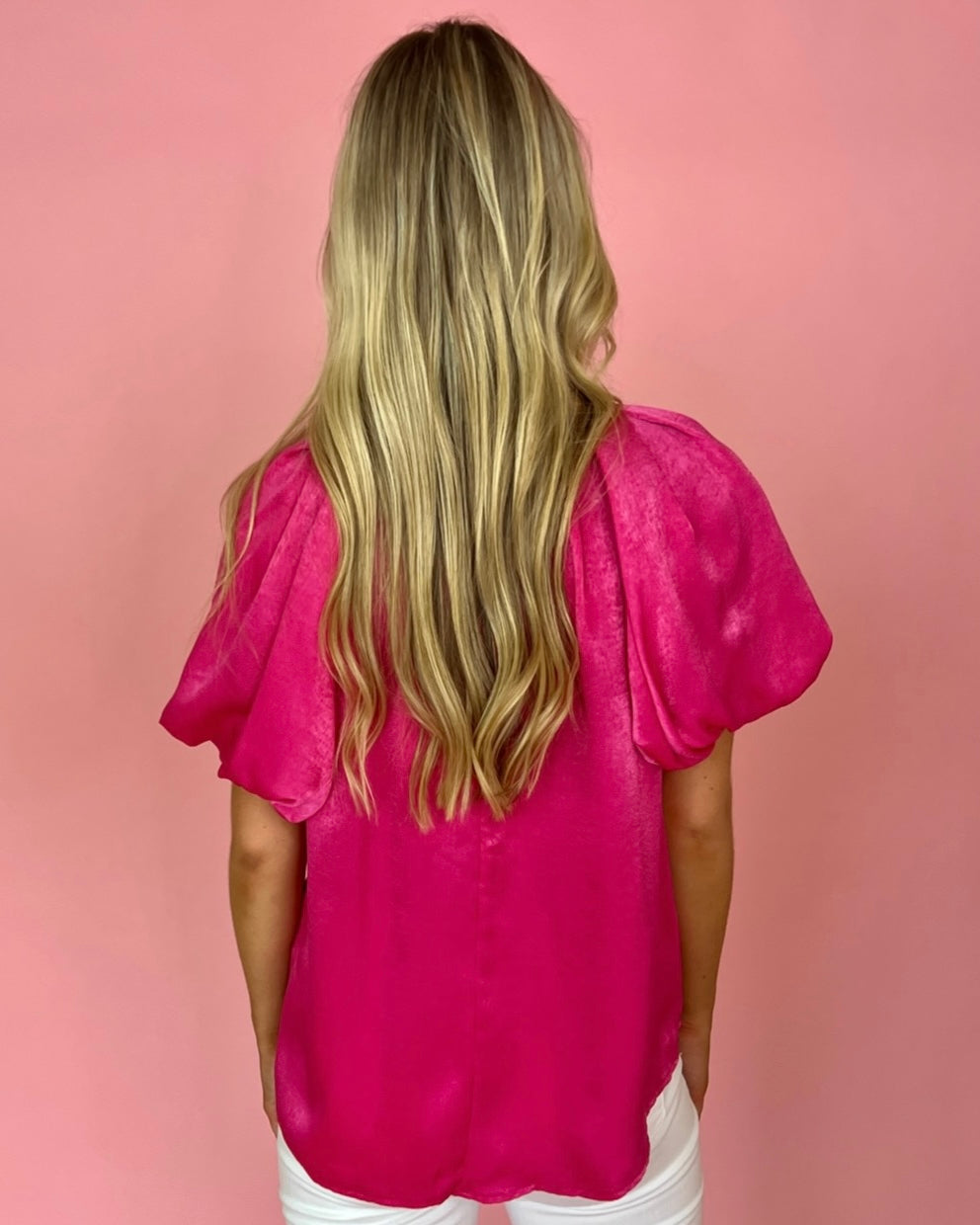 A New Opportunity Hot Pink Satin Puff Sleeve Top-Shop-Womens-Boutique-Clothing