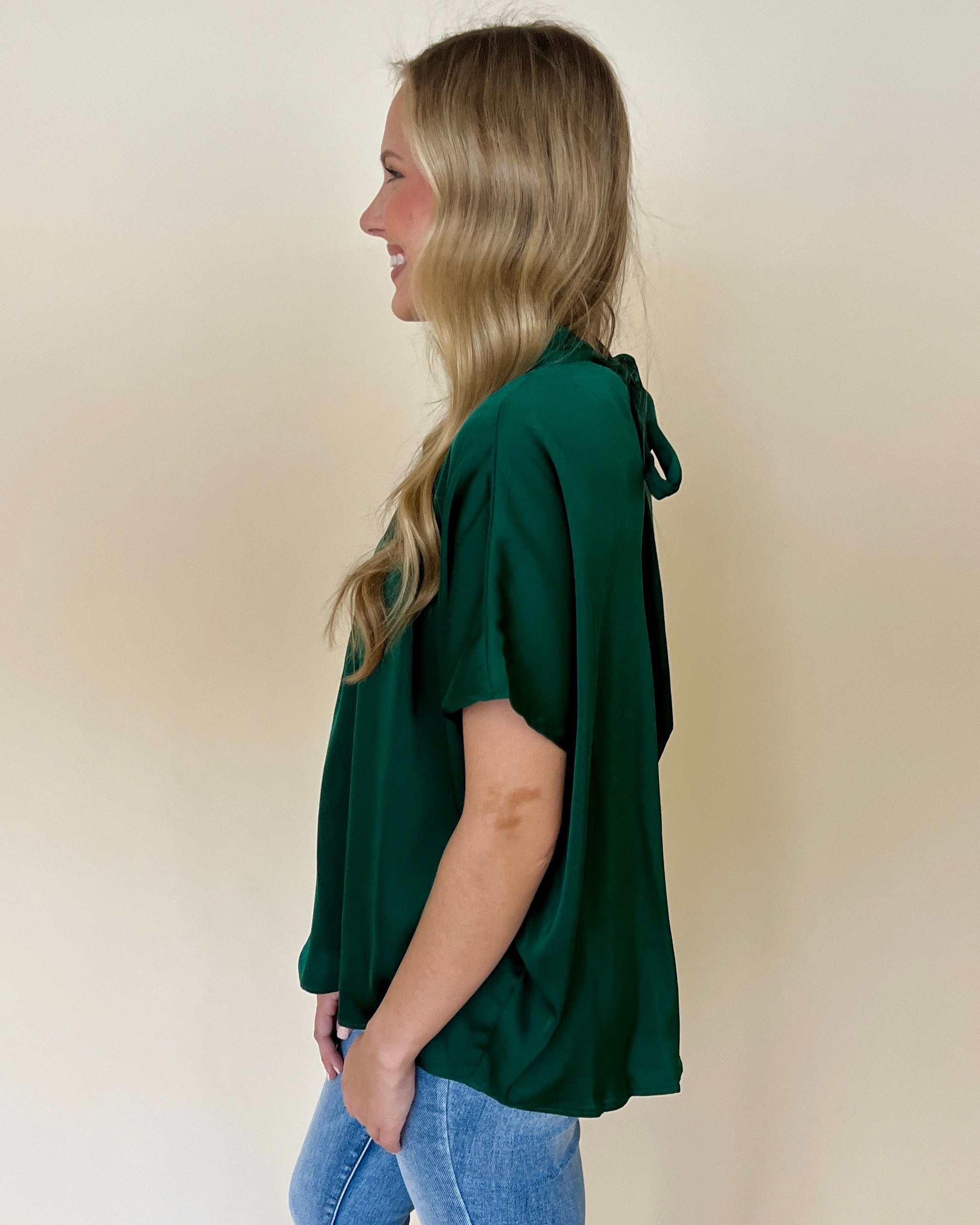 Off To Work Green Satin Tie Back Top-Shop-Womens-Boutique-Clothing