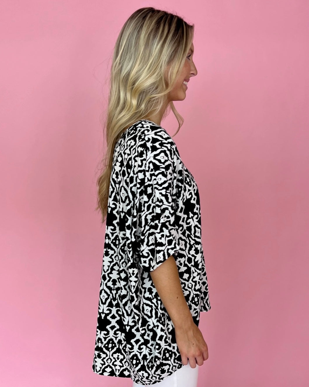 On The Move Black Printed V-neck Pocket Top-Shop-Womens-Boutique-Clothing